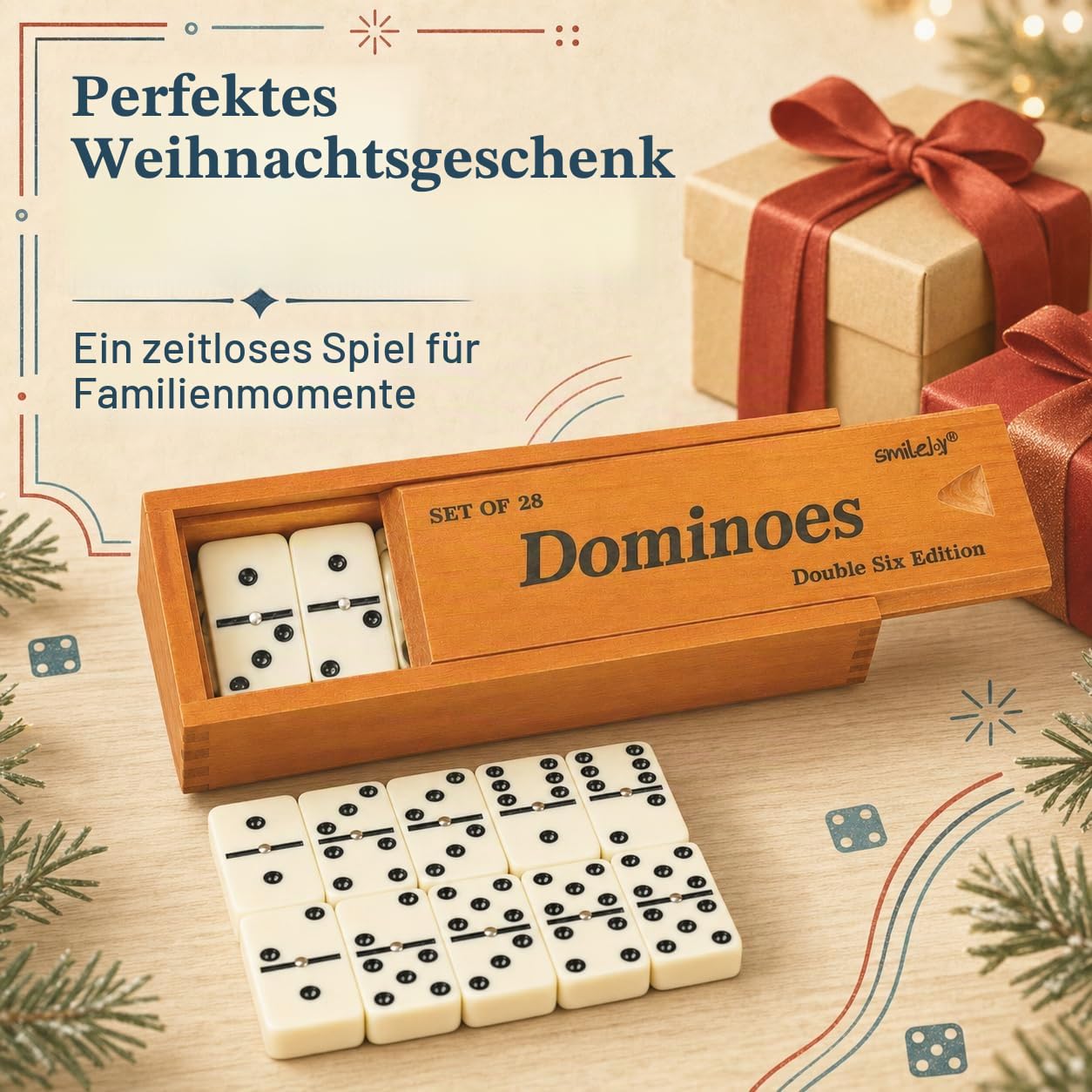 Smilejoy Dominos Set für Erwachsene -Jumbo Größe Dominos Doppel Sechs Edition- Klassische Brettspiele- Dicke Größe Doppel 6 Domino Set mit Deluxe Braun Holz Box, 28 Fliesen (2-4 Spieler)