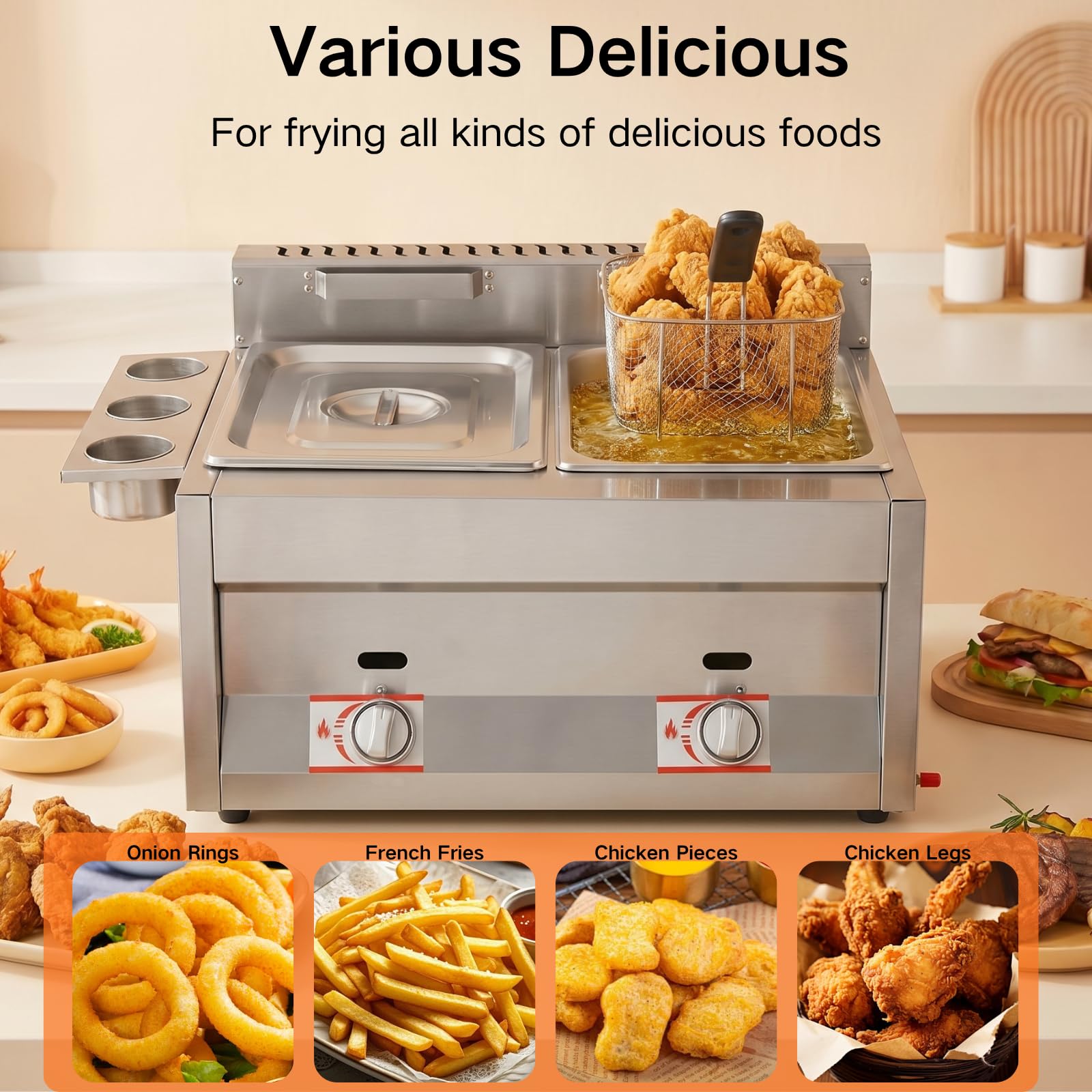 Friteuse à gaz double avec 2 paniers, 2 x 6 l friteuse à gaz professionnelle, plage de température 50-380°C, friteuse à gaz avec 3 gobelets à épices pour les ménages, les restaurants, les