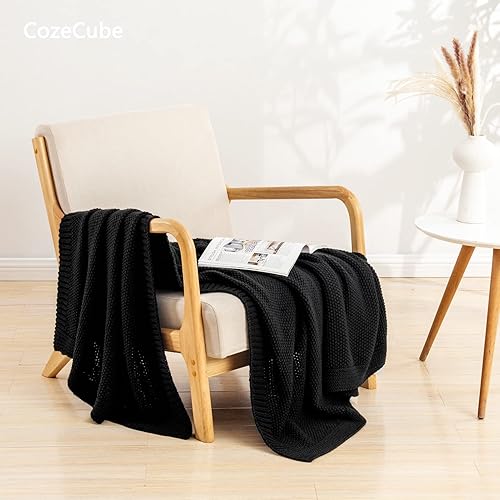 Miniatura 5 de CozeCube - Manta de punto trenzado color negro para sofá, suave y acogedora manta de punto en cable para cama, sofá, sala de estar, ligera, cálida y