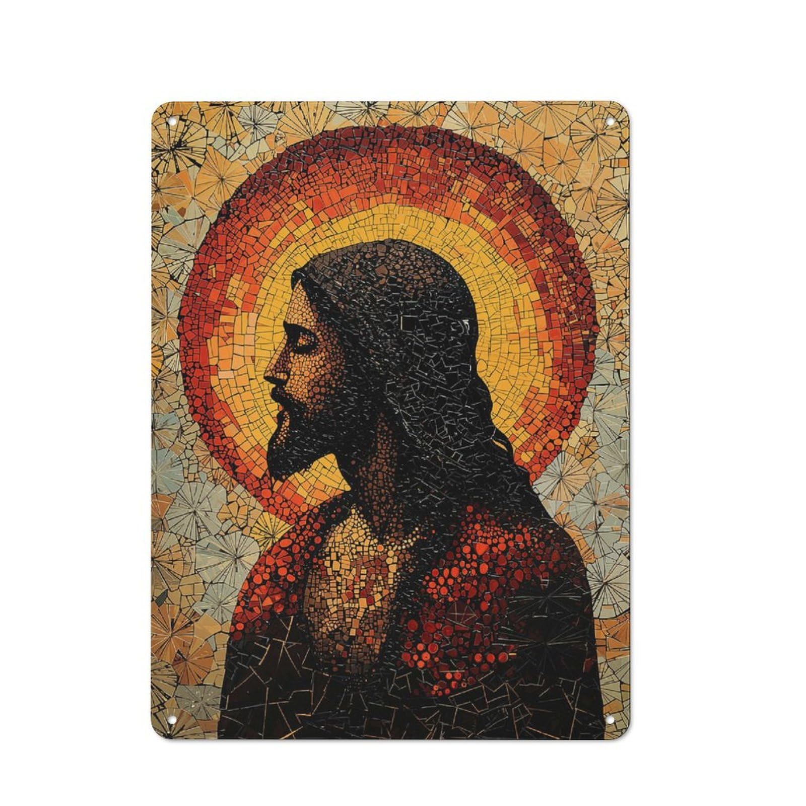 Junmoney Mosaic Jesus Portrait Vintage Garden Room Metal Sign 40X30cm, Garden Room Wall Plaque For Patio Bar, Workshop, Shed Or Kitchen