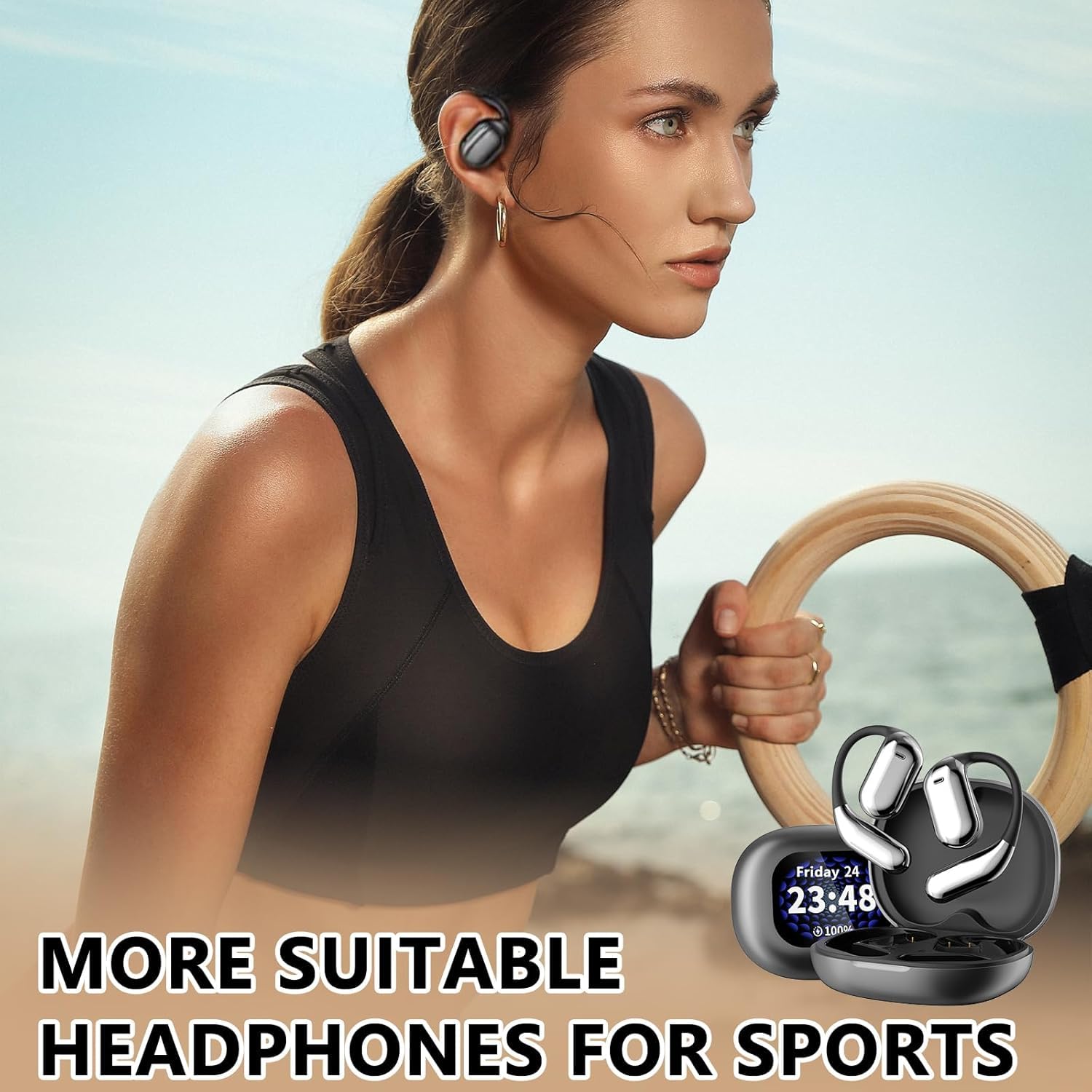 Auricolari aperti wireless Bluetooth 5.4, cuffie touch screen intelligenti, 50 ore di riproduzione, gancio per l'orecchio ergonomico, microfono integrato, custodia di ricarica con display a