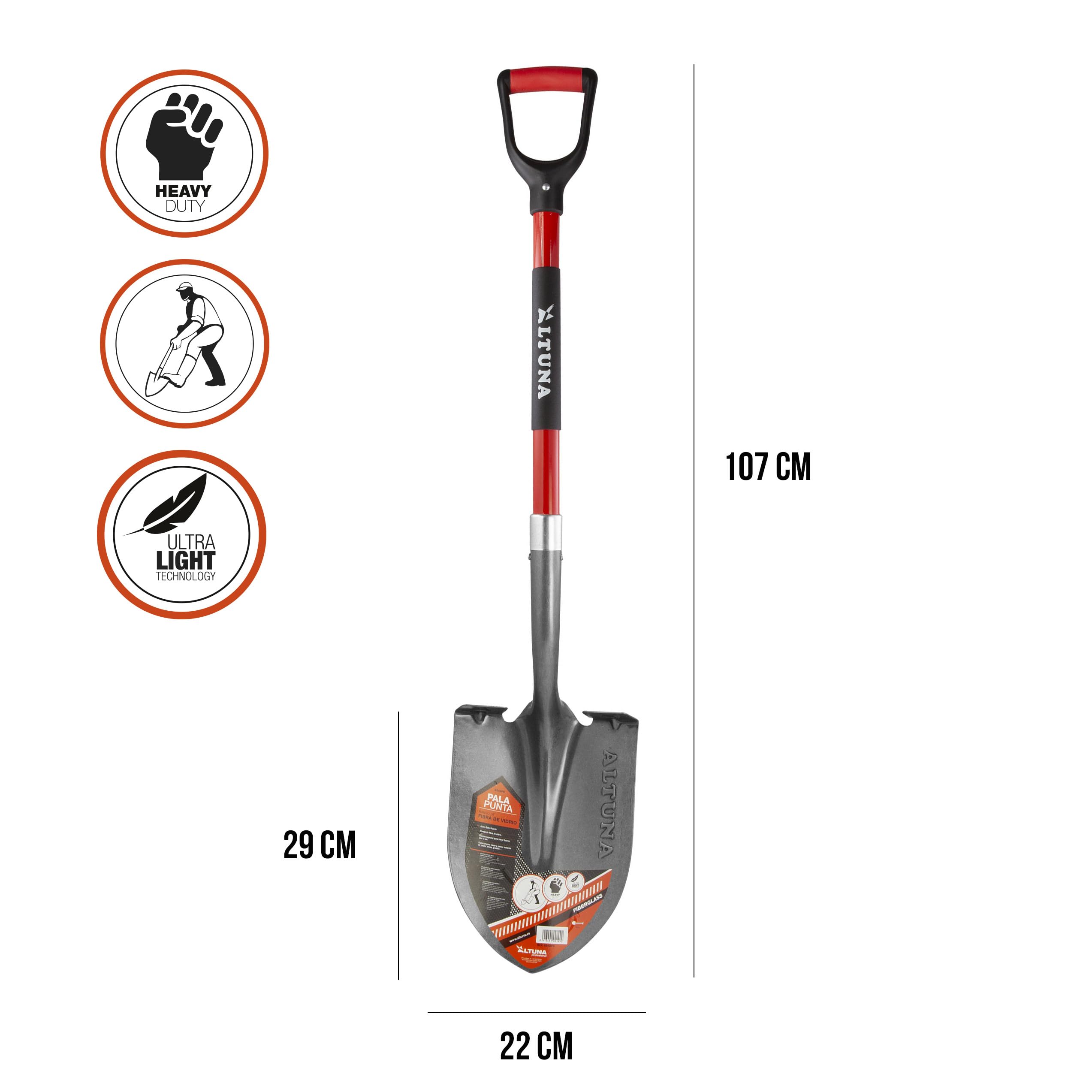 Pala di Giardinaggio di Alta Resistenza - 25 x 29 x 105 cm - Modello Professionale - Capacità Extra Forte con Manico in Fibra di Vetro - Testa Forgiata - Ideale per Lavori e Agricoltura - Altuna