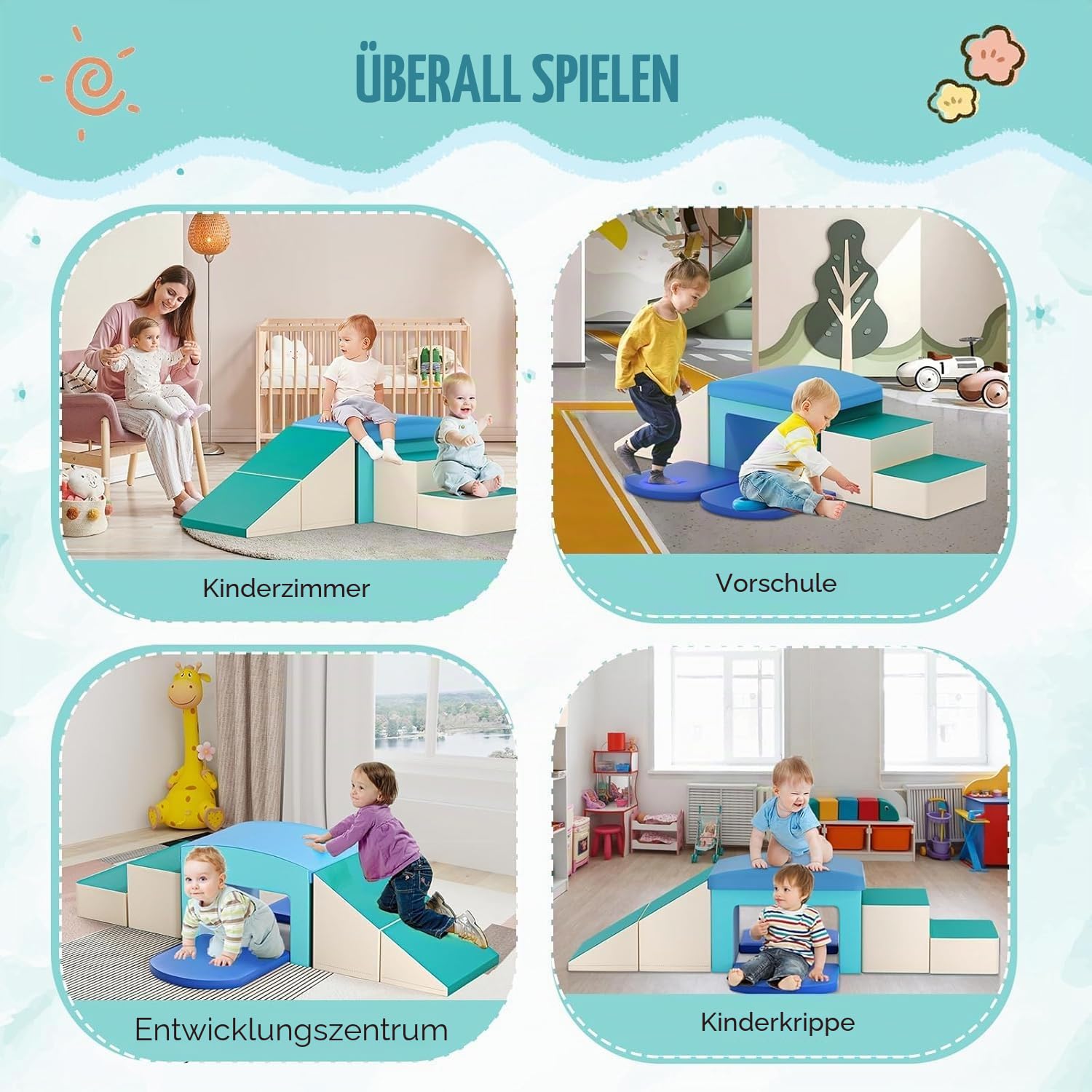 5-teilige Schaumstoff Bausteine für Kinder, weiche Spielbausteine mit Klettverschluss, hochdichter Perlenschaum mit PU-Bezug, rutschfeste Motorikbausteine zum Klettern Krabbeln