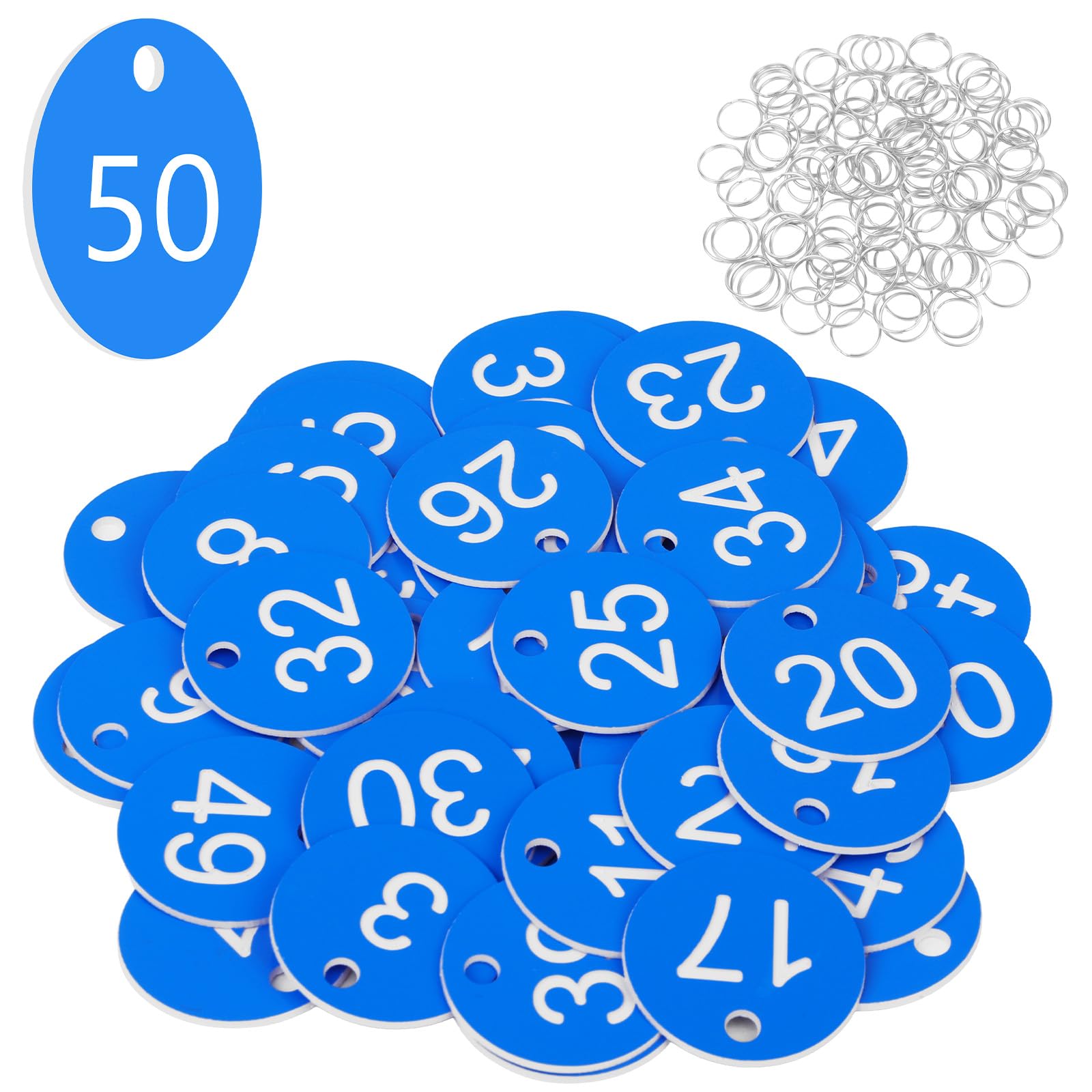 Flintronic 50 PCS Plastic Number with Key Rings, Engraved Numbered Tags, Plastic ID Tag Table Numbers, Discs Number-Tags for Office, Hotel, Mailbox, Dormitory (1-50, Sky Blue)