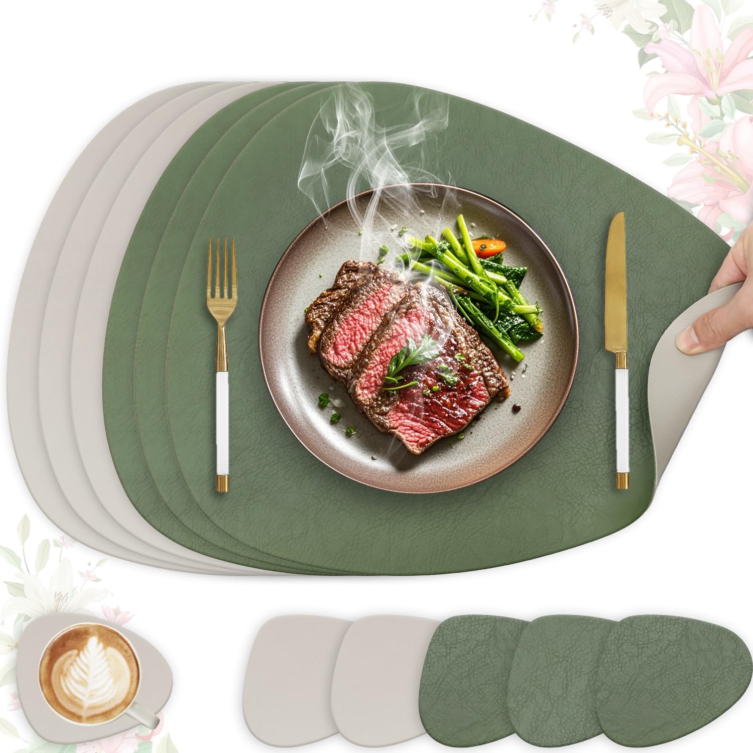 HELI MIAO 6er Set Tischset aus Leder-Imitat，Platzsets abwaschbar und wasserdicht，Platzdeckchen Lederoptik mit Untersetzer,Tischuntersetzer Doppelseitigen rutschfest(Oval,Grün+Hellgrau)