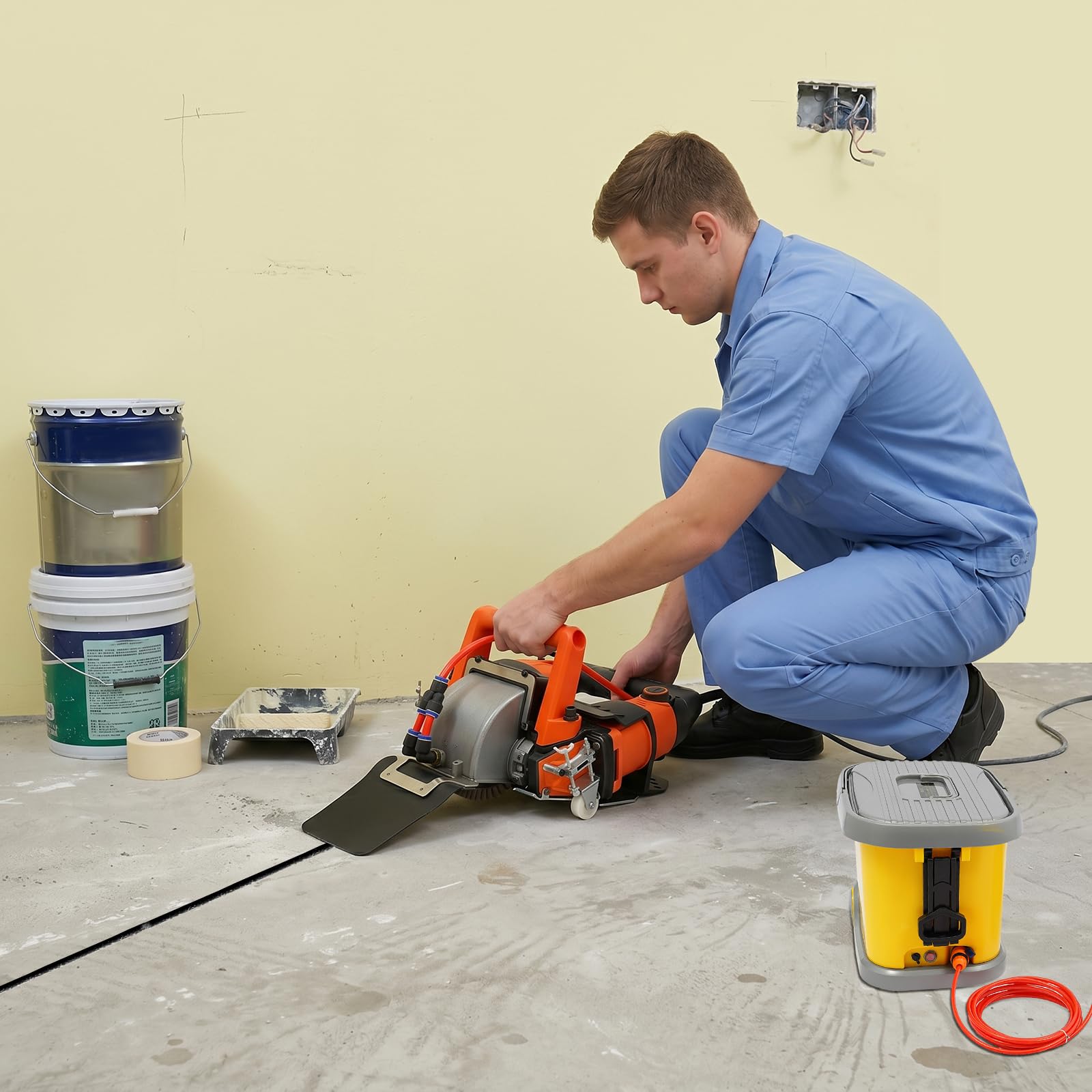 Chłodzona wodą bruzdownica z odsysaniem pyłu, elektryczna frezarka szczelinowa do betonu i muru | Silnik chłodzący wodą 5,2 kW, odsysanie pyłu do cięcia betonu i kamienia, ergonomiczny dla profesjonalistów