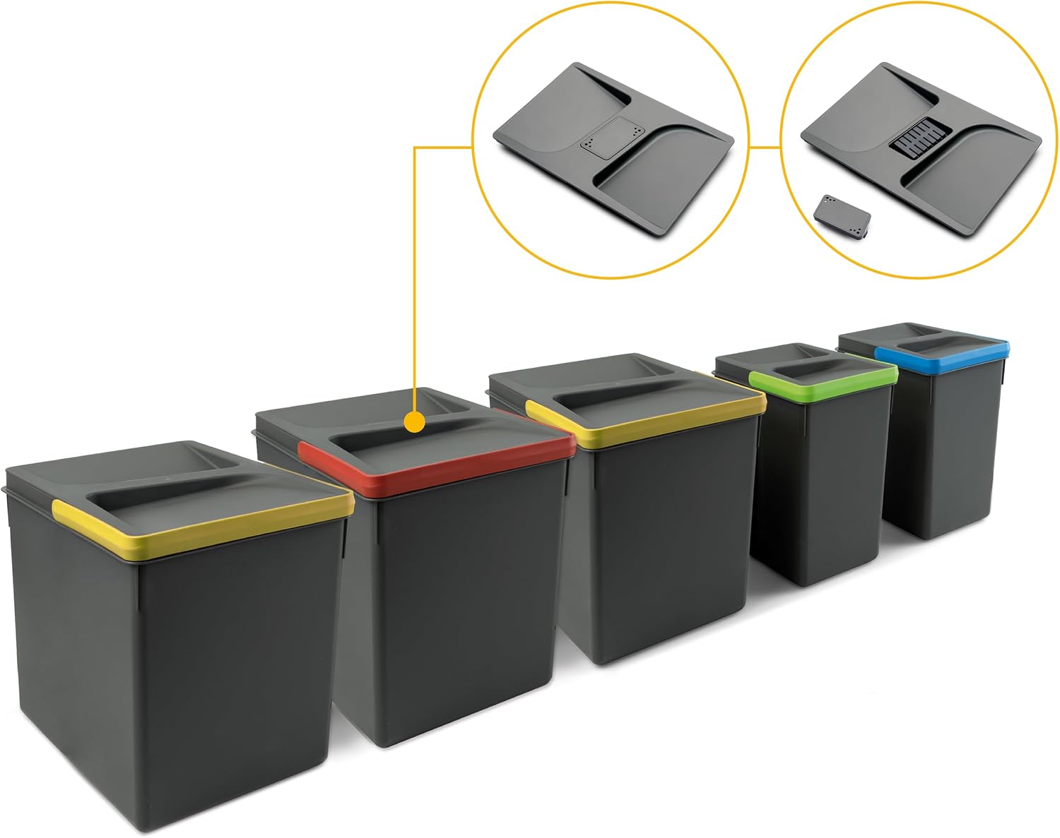 Emuca - Kitchen Drawer Container with Odour-Proof Lid, H 266 mm (3 x 15 L + 2 x 7 L), Plastic, Anthracite Grey