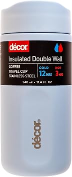 D cor 340ml Insulated Travel Cup - Double Wall Stainless Steel Coffee Mug with Leakproof Lid, Button Press Spout, 3h Hot / 12h Cold - Ice Blue