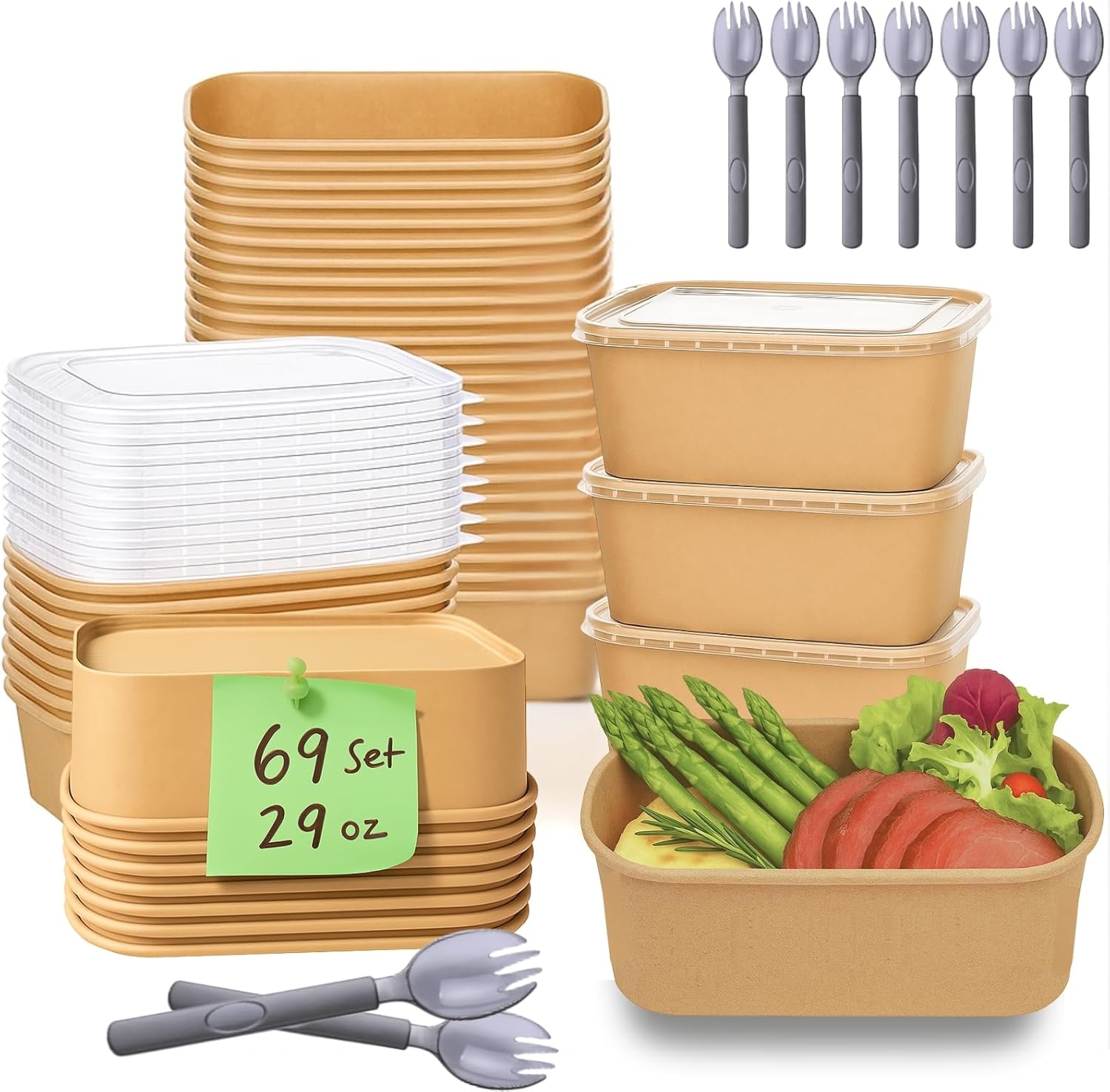 60 Pack 29 oz Kraft Paper Disposable Meal Prep Containers with Lids and Sporks - Microwavable, Freezer Safe and Leakproof Disposable Food Containers Bowls for Lunch Snack Soup Salad Storage
