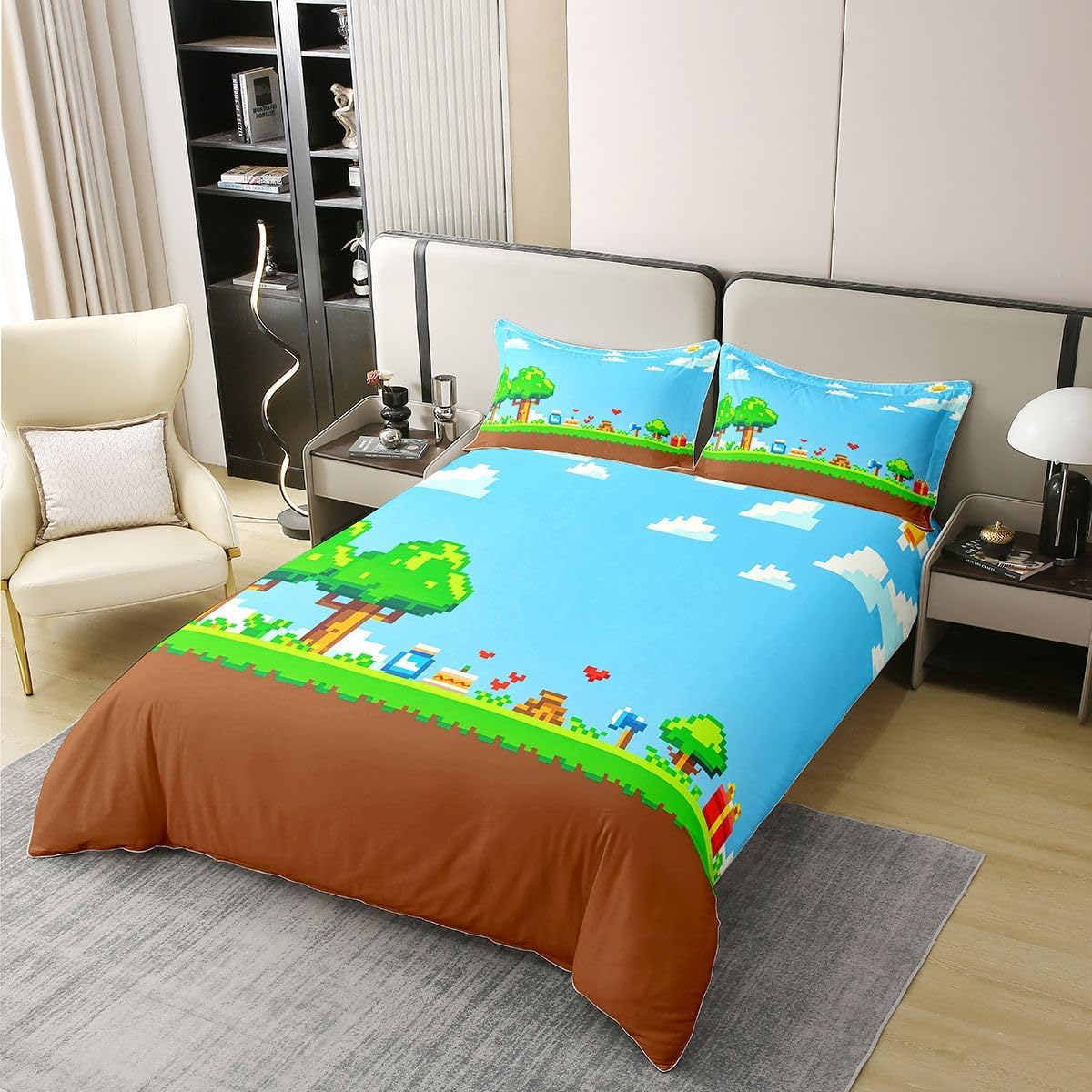 Castle Fairy Pixel Landscape Twin Size 100% Cotton Duvet Cover,Video Gamer Bedding Set 2Pcs for Kid Girl Boy Room Decor,Pixelated Block Comforter Cover,Retro Gaming 1 Pillowcase No Comforter image 2