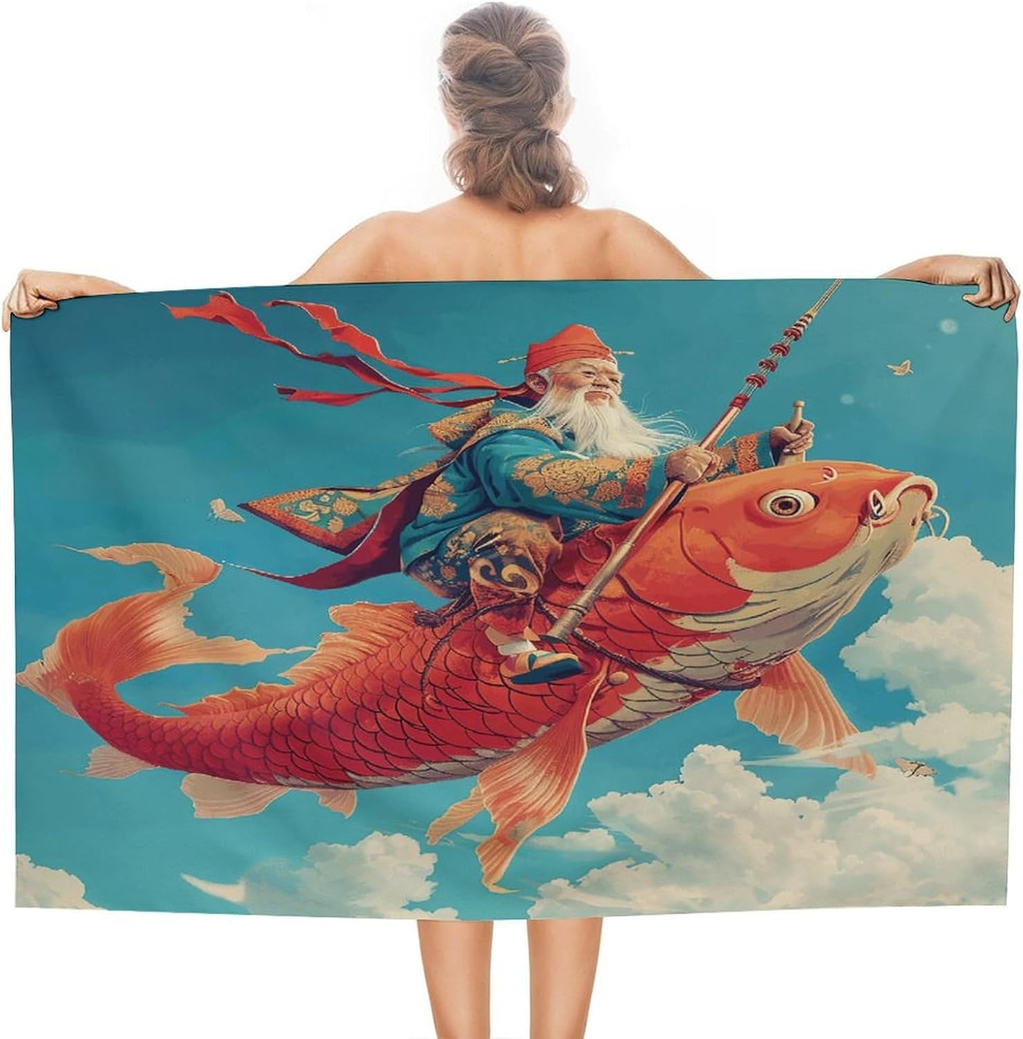 Swimming Towel, Riding Koi Fish Printed Fashion Towel,Portable Towel,Durable Towel