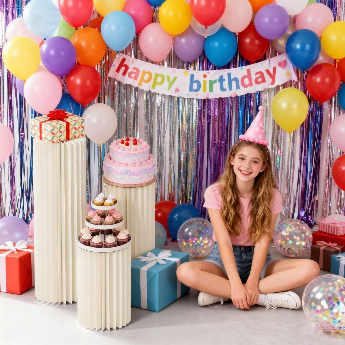 3 Pack Cylinder Stands for Party, Round Cake Pedestal Stands Foldable Buffet Food Risers White Cardboard Cylinder Stands with Acrylic Plates Centerpiece Cake Pedestal Stand for Birthday Wedding Table (3PCS-H468)