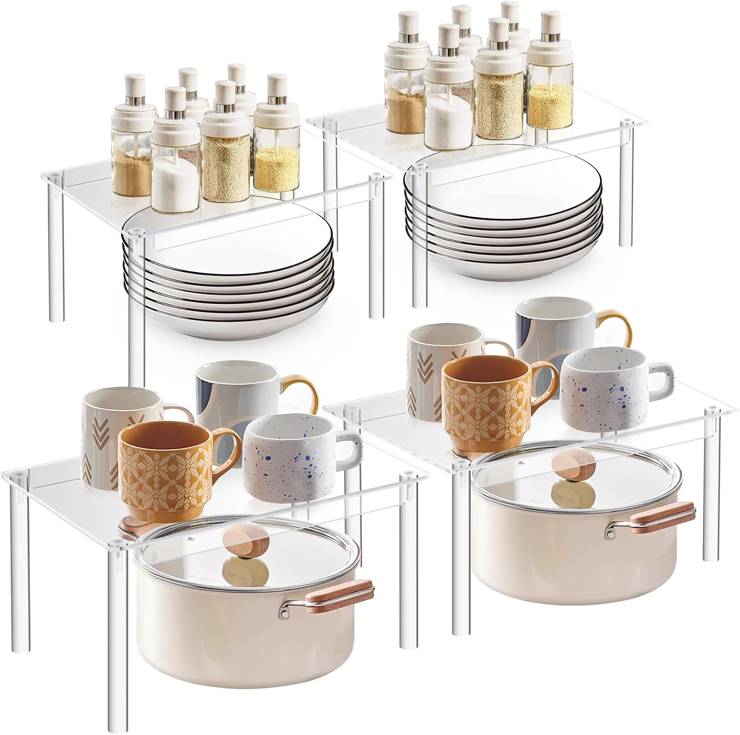 Fantasyon Acrylic Stackable Cabinet Organizer Set, 4 Pcs Kitchen Spice Rack Countertop Shelves, Clear Versatile Pantry Storage for Kitchen, Bathroom, Cupboard, Desk, Ideal House Essentials Gift