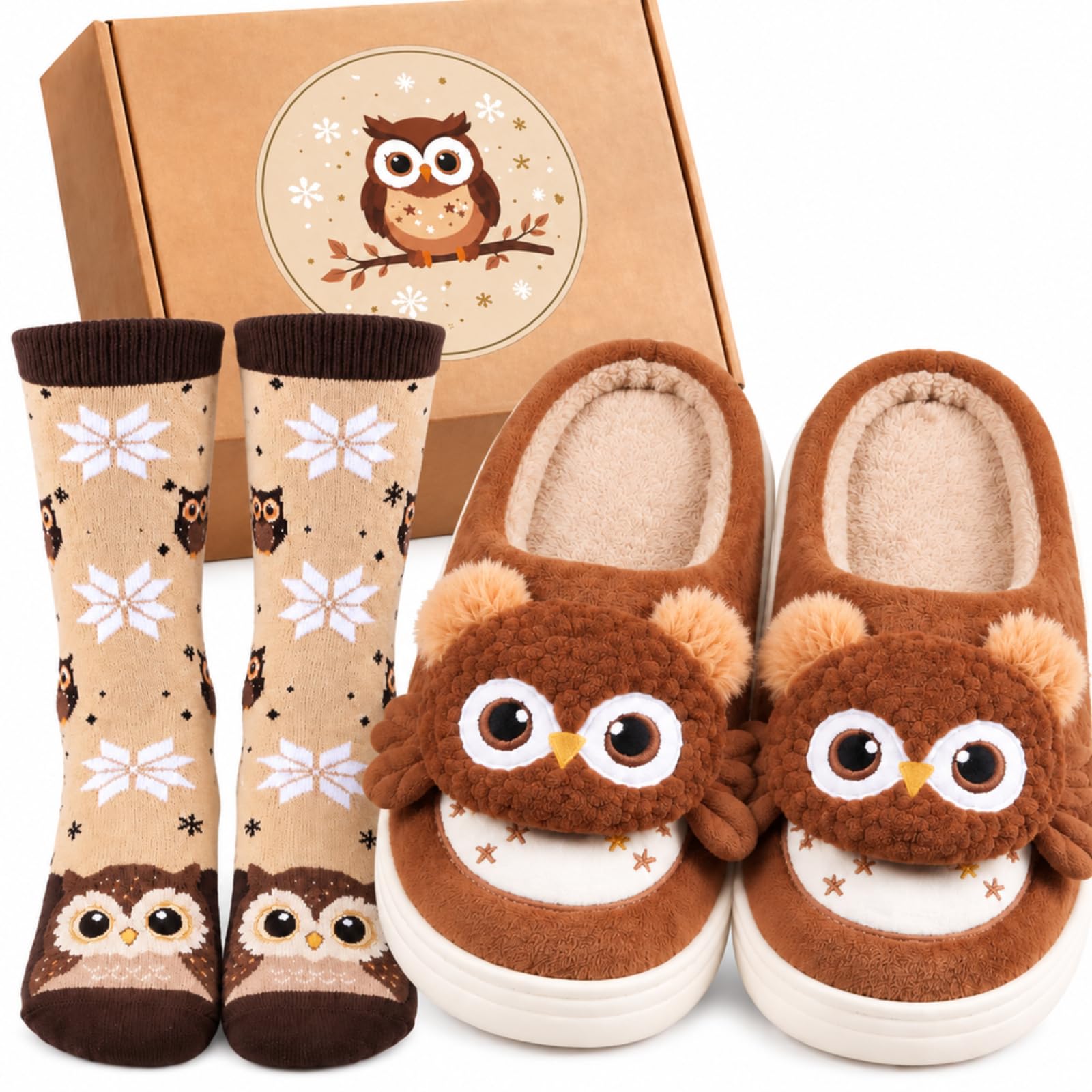 BBTO Set de Chaussons Chaussettes Hibou Idée Cadeau Femme Noël Soirée Pyjama Hiver Chaussons Chauds Antidérapants Doux Confortables pour Intérieur Extérieur(38-39)