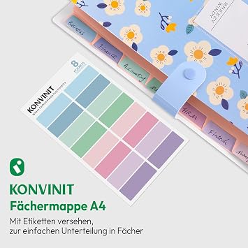 KONVINIT Document Folder A4 Expanding Folder with 8 Compartments PP Floral Document Folder with Press Stud Printed Accordion Document Organiser Folder for Paper Folder with Compartments for Girls