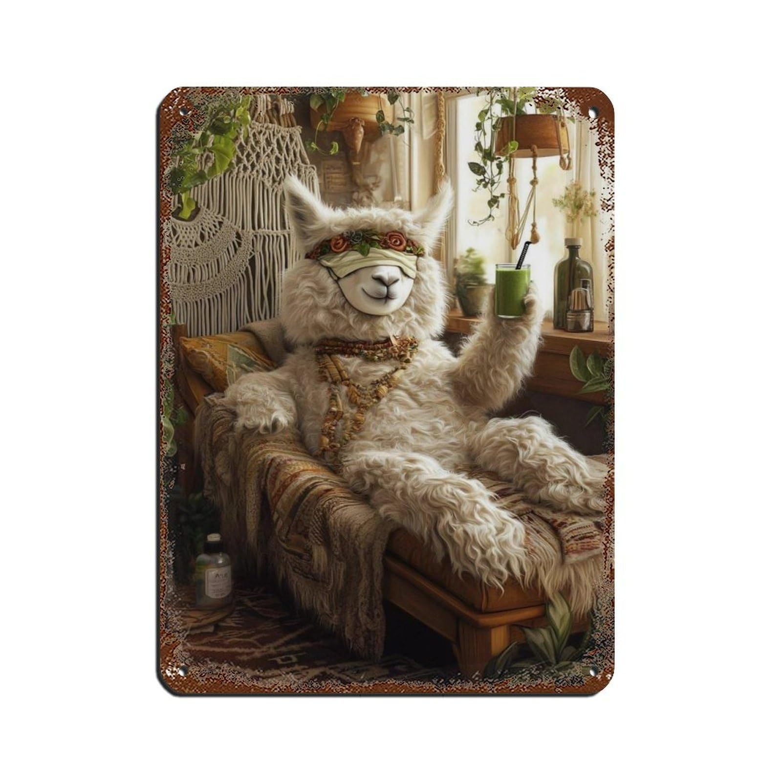 Lxwnze 30L X 40W Cm Cozy Llama Lounging With Smoothie Retro Poster Metal Tin Sign Chic Art Retro Iron Painting Bar People Cave Cafe Family Garage Poster Wall Decoration 12X16inch(30X40cm)