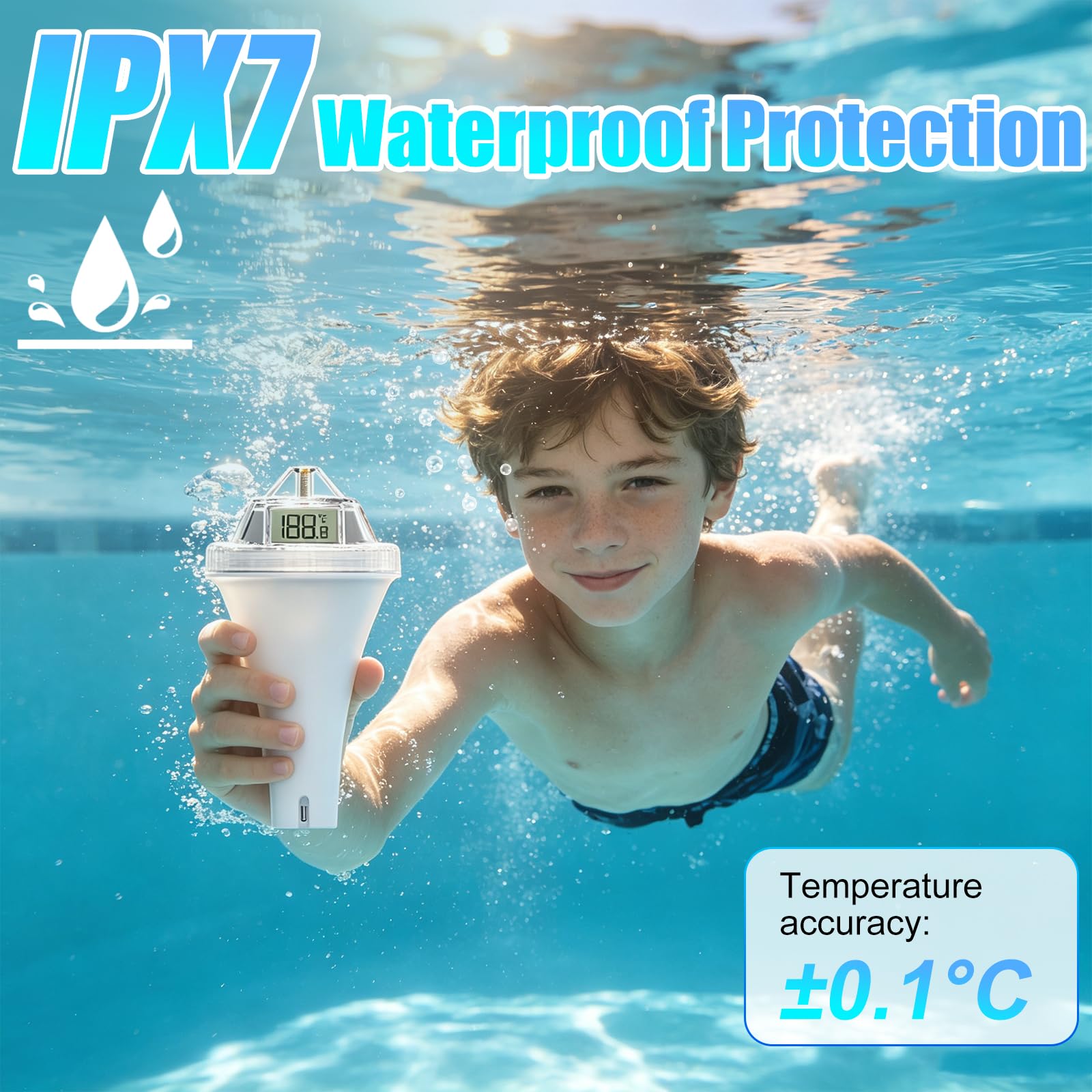 Termometro digitale per piscina, con ampio display | Portata di 60 m, visione a 360°, impermeabile IPX7, sensore ad alta precisione, adatto per piscine, vasche da bagno