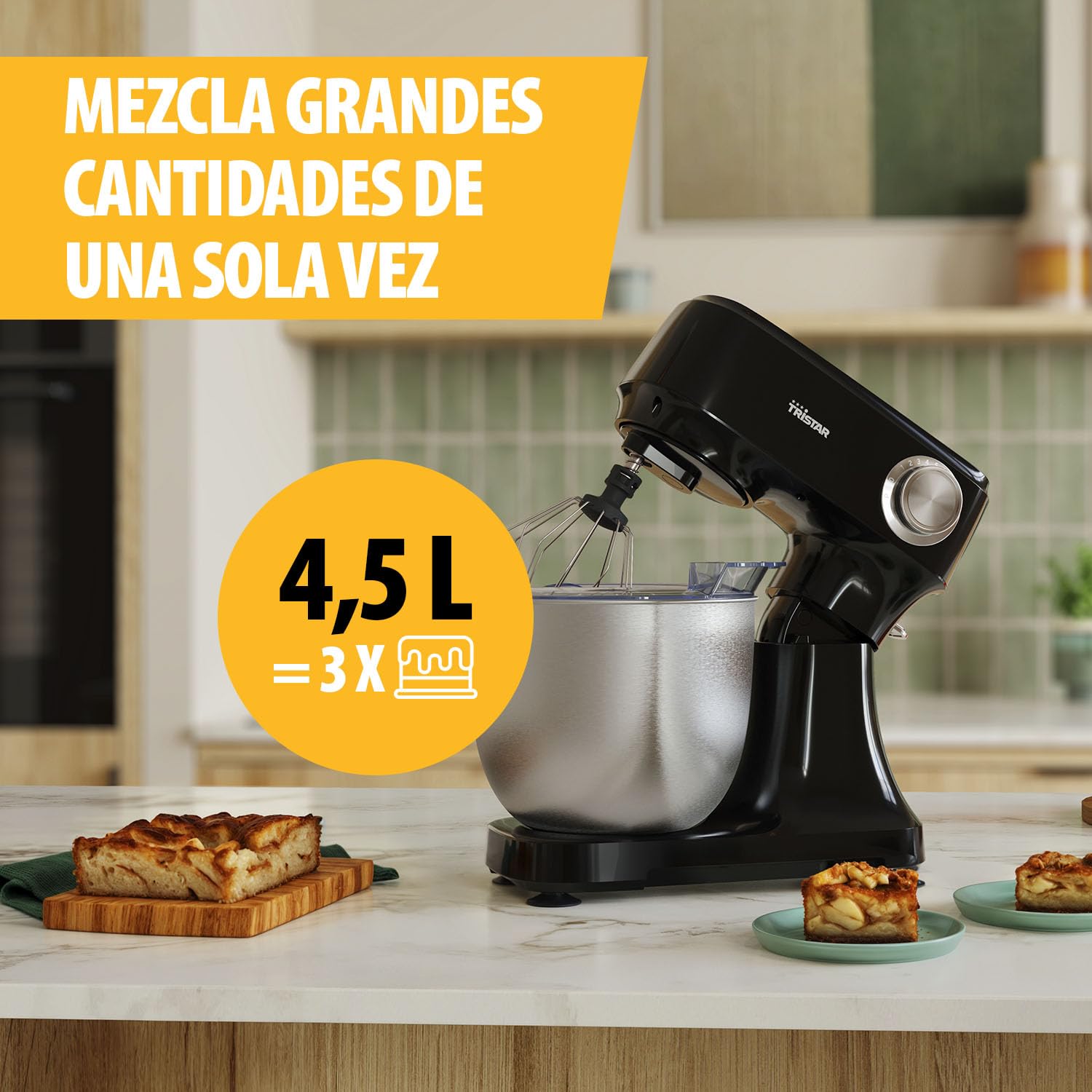 Robot de Cocina Tristar con Bol de Acero Inoxidable de 4,5 L, Potencia de 800 W, 12 Velocidades con Función Pulso, Cabezal Inclinable, Protector Antisalpicaduras, MX-4870