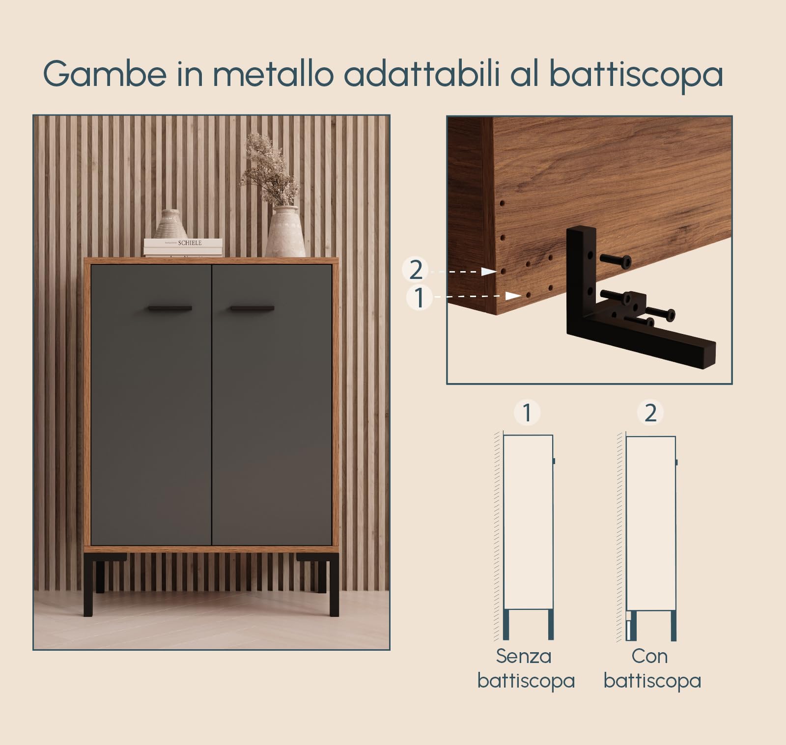 MB Muebles Bonitos, Credenza piccola Lander L15, Stile Moderno, Madia bassa multiuso con 2 ante, Colore Noce e Grigio, 60x84x30cm