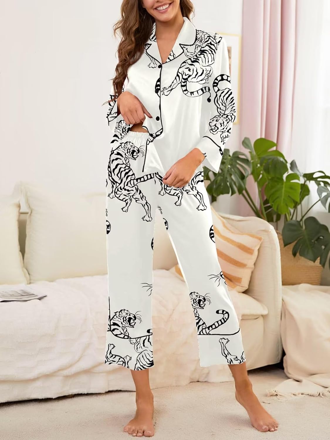 Brosloth Women's Silk Satin Pajamas Pjs Sets Cute Lace Pattern Two Piece Loungewear Set Button Up Pajamas Sleepwear Black - Image 2
