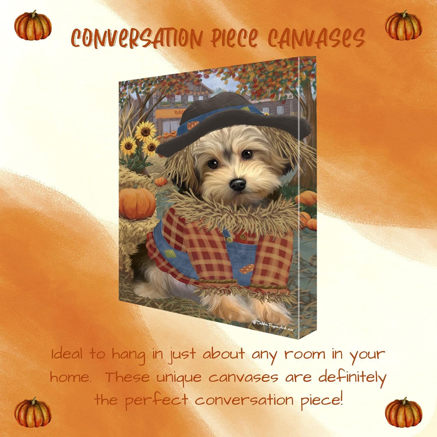 Doggie of the Day Fall Pumpkin Scarecrow Both Yorkipoo Dog Canvas Wall Art - Premium Quality Ready to Hang Room Decor Wall Art Canvas - Unique Animal Printed Digital Painting for Decoration, 11"x14"