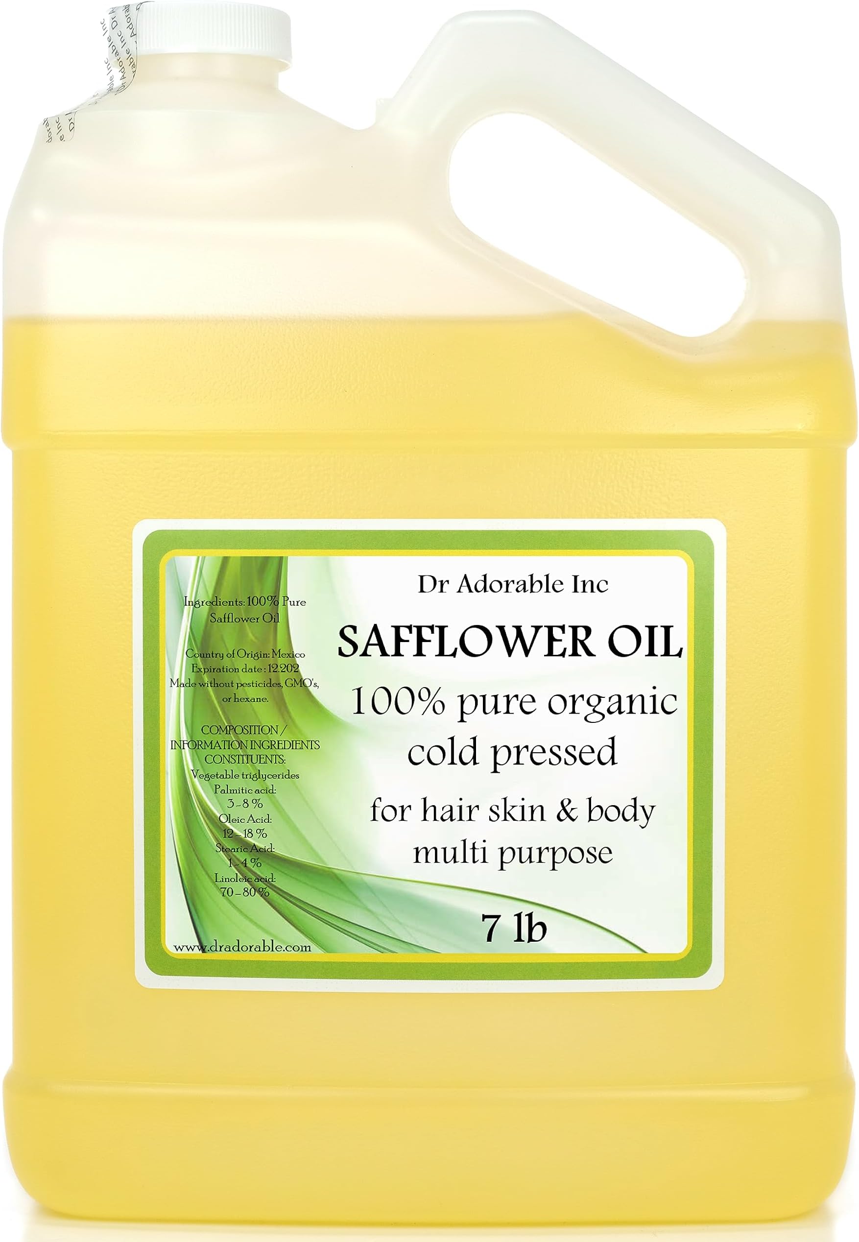 Dr Adorbale - 7 lb - Safflower Oil - 100% Pure Natural High Oleic Organic Cold Pressed