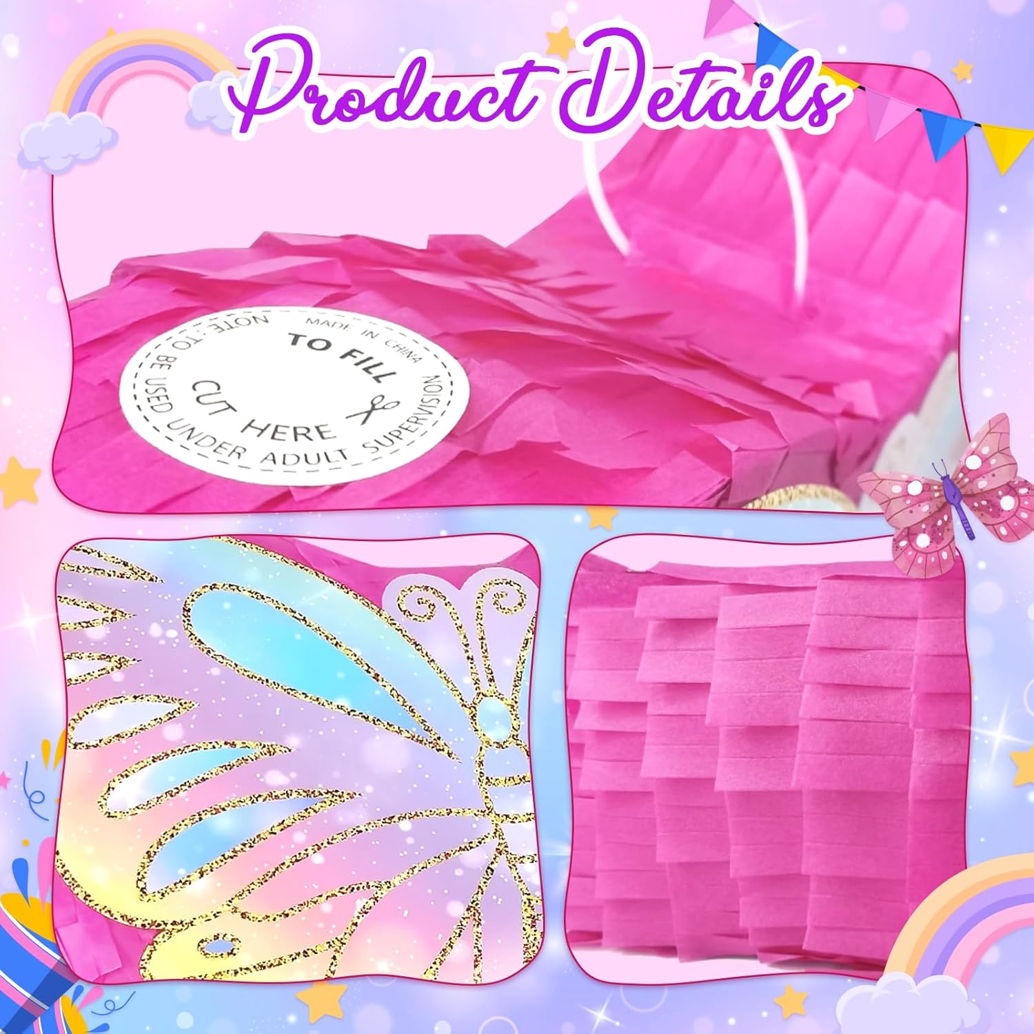 KiDEPOCH Butterfly Pinata for Birthday Party Supplies Colorful Pull String Butterfly Pinata for Girls Butterfly Themed Party Decoration, Small Pinata Party Supplies(16 x 12.6 x 4.2 In), Dark Pink
