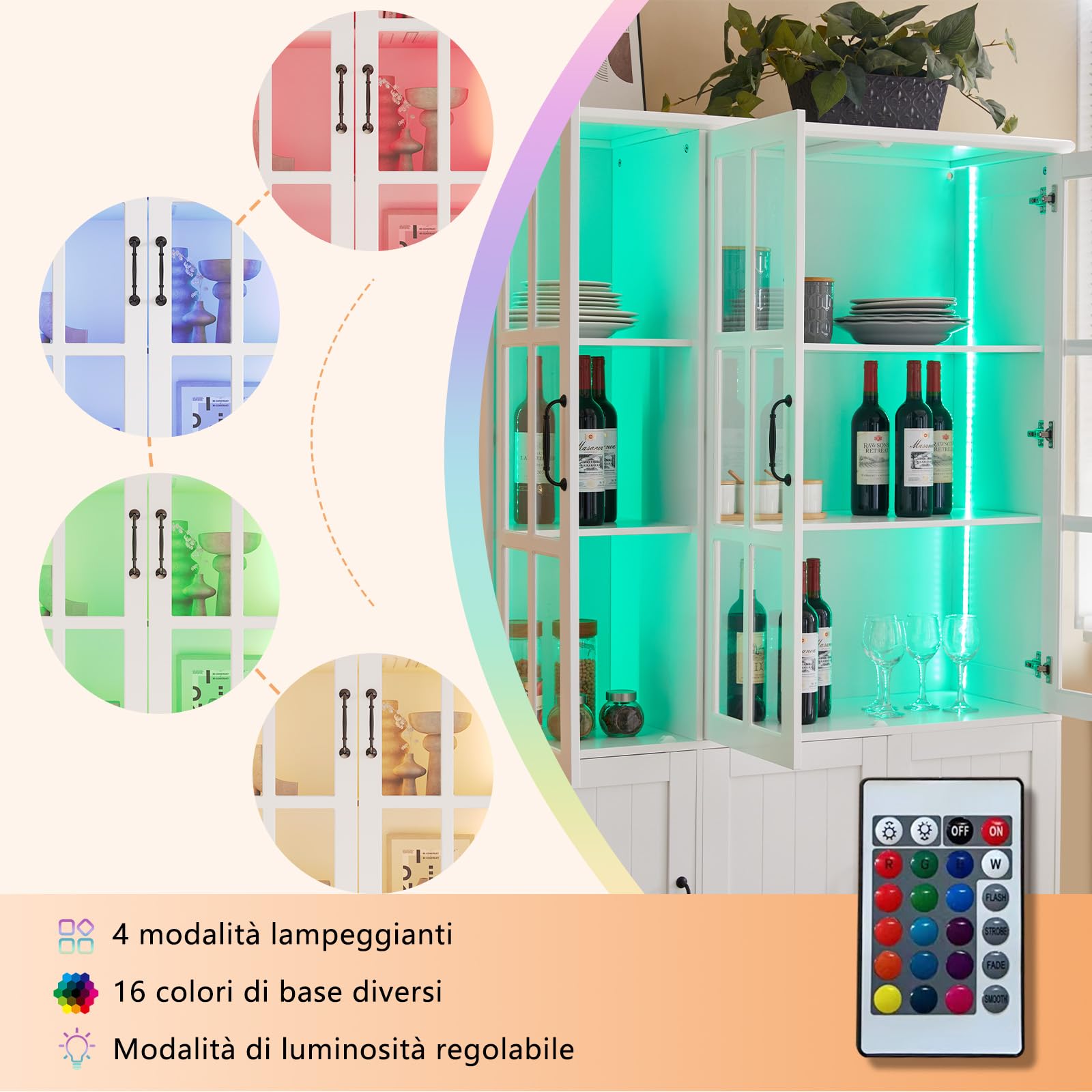 LUXOAK Vitrinenschrank mit LED Beleuchtung & Retro-Griffen, Hochschrank weiß 180 cm hoch, 6 Türen mit Acrylfenstern & 8 Einlegeböden, moderner Schrank für Wohnzimmer & Küche
