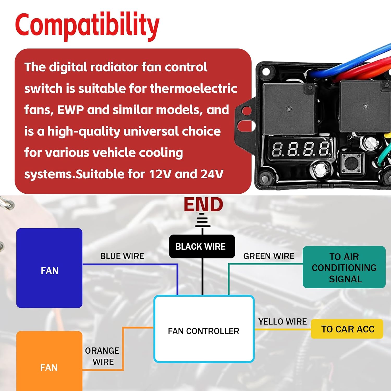 Digital Thermatic Fan Switch Kit 12V and 24V, Adjustable Temperature Range Dual Electric Fan Controller Thermatic Fan Switch Kit Replace 0444 DC0444