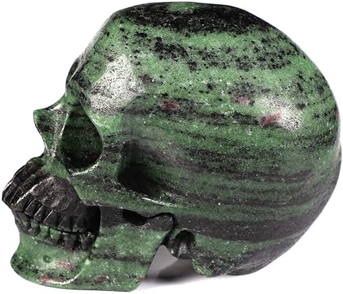 Vista 3 de Skullis Calavera de cristal súper realista de zoisita de rubí de 5.0 pulgadas, escultura de arte fino de piedras preciosas talladas a mano, estatua