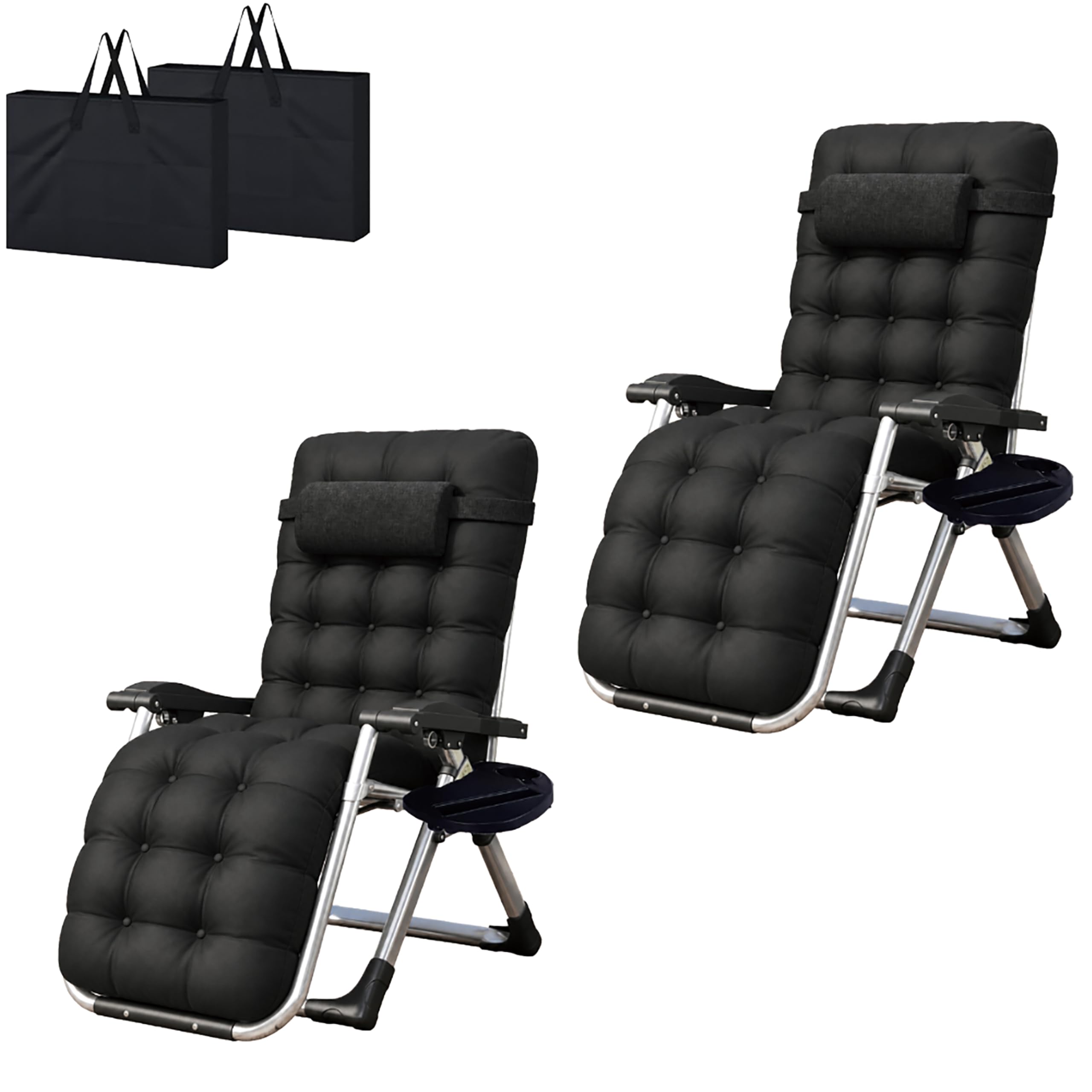 LSBIKE Zero Gravity Reclining Sun Lounger Chair with 10cm Thick Removable Cushion & Cup Holder & Bag Foldable Recliner Garden Chair for Camping, Patio, Beach 200kg Capacity (Black+ a pair)
