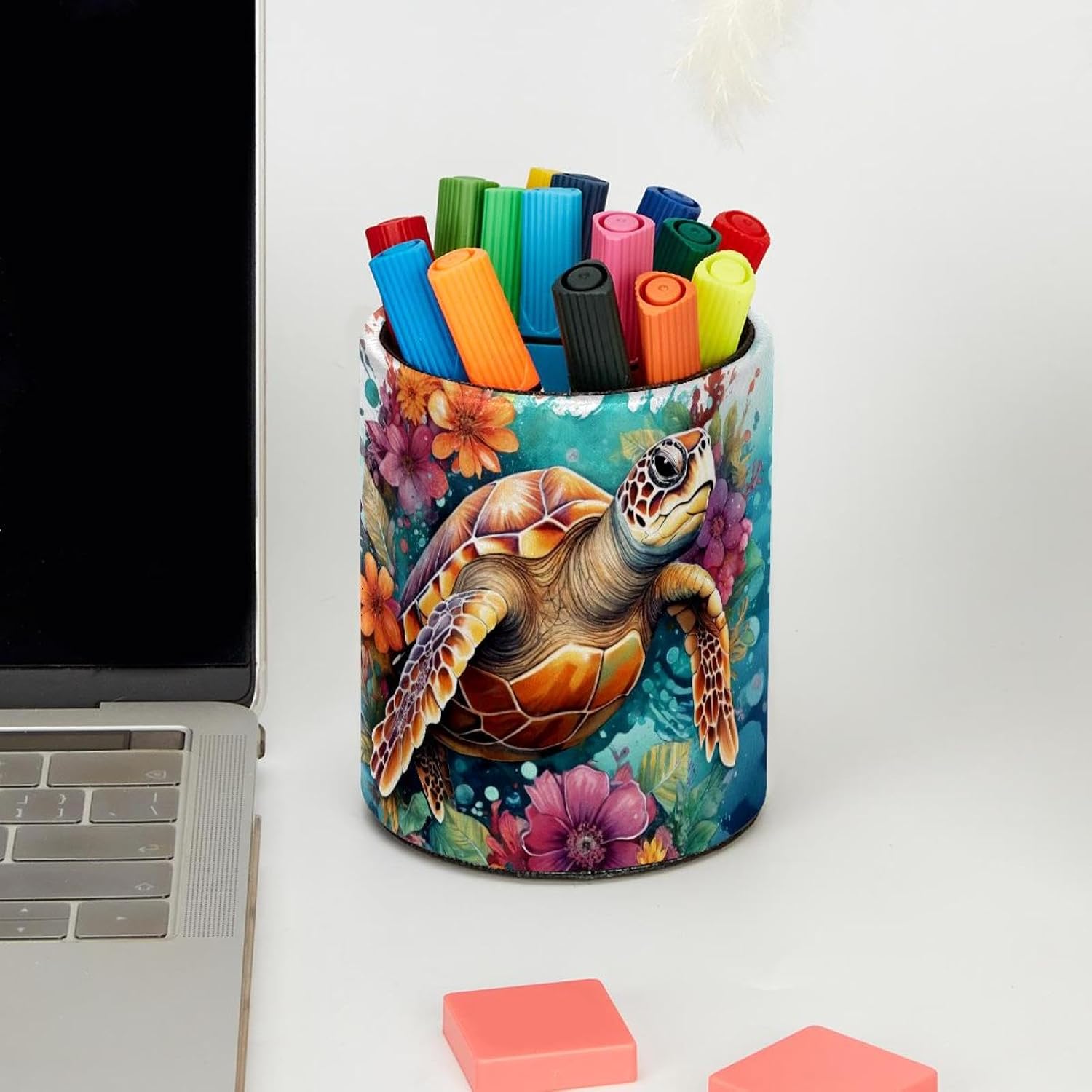 Desk Organizer Pen Holder for Desk, Sea Turtle Flower Pencil Holder, Large Capacity Pen Cup Makeup Brush Holders Desktop Office Supplies Storage Organizer image 5