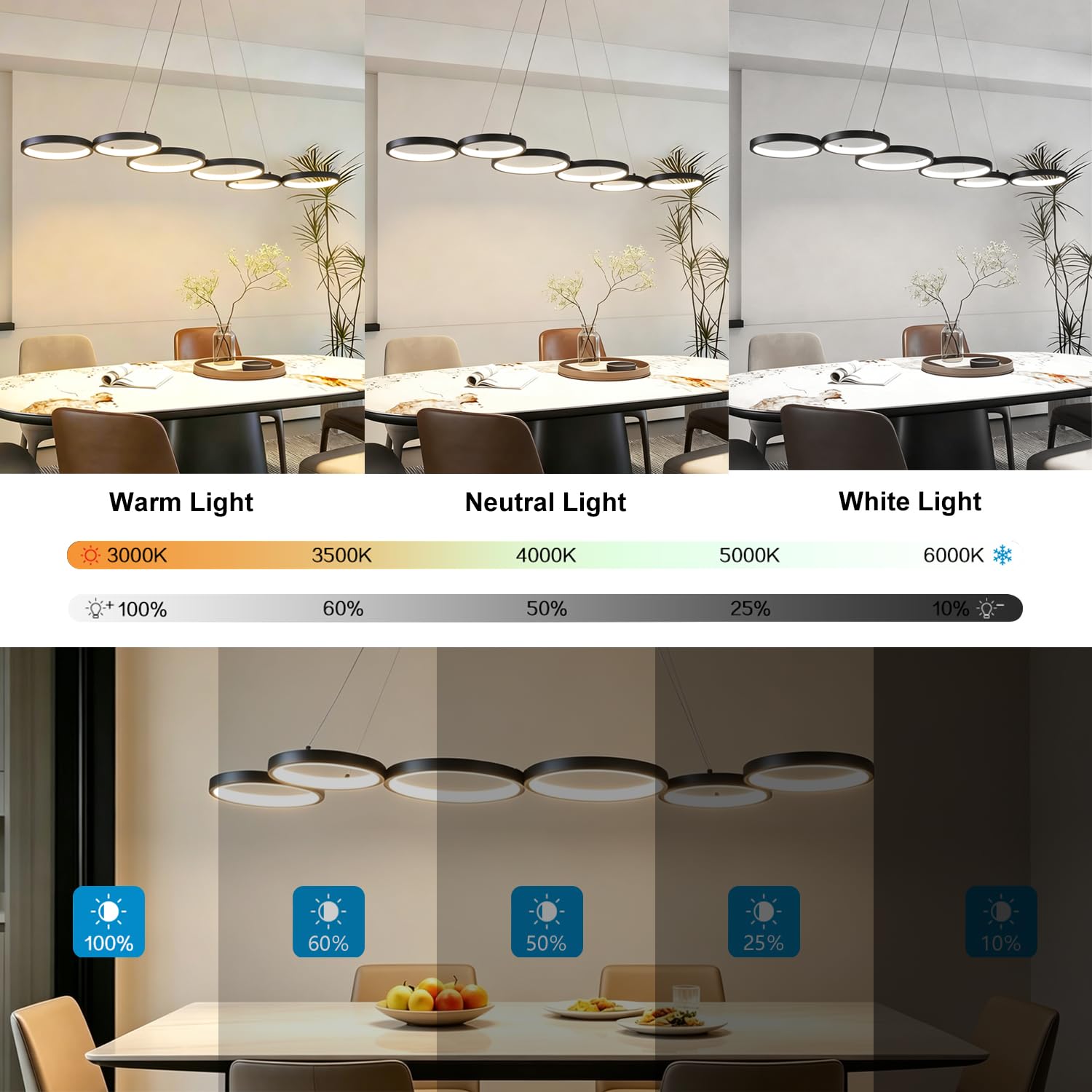 Lampada a Sospensione LED Dimmerabile 113cm 69W Nero | Lampadario Moderno Design a 6 Anelli con Telecomando, Altezza Regolabile Lampada Sospesa per Tavolo da Pranzo, Soggiorno