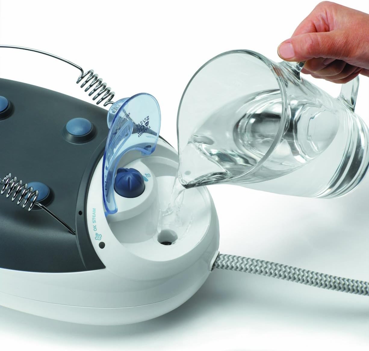 Close-up of the De'Longhi VVX 340 iron handle showing steam control and 'VERTICAL STEAM' label