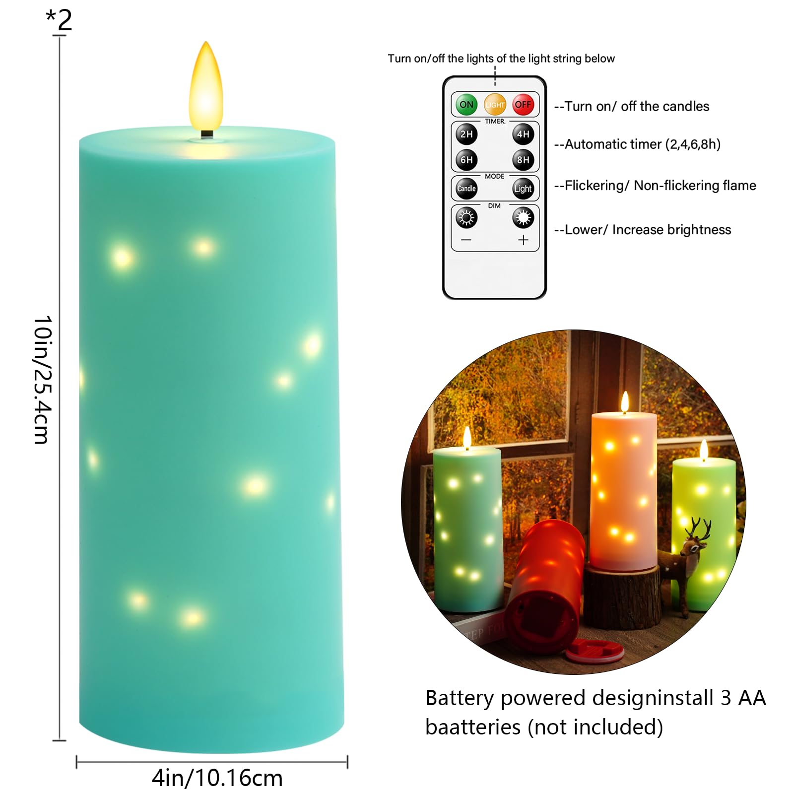 kakoya Lot de 2 grandes bougies piliers à LED étanches sans flamme vacillante avec minuteur - Fonctionne à piles avec guirlande d'étoiles intégrée pour lanternes d'extérieur, porche, terrasse - 25,4 x