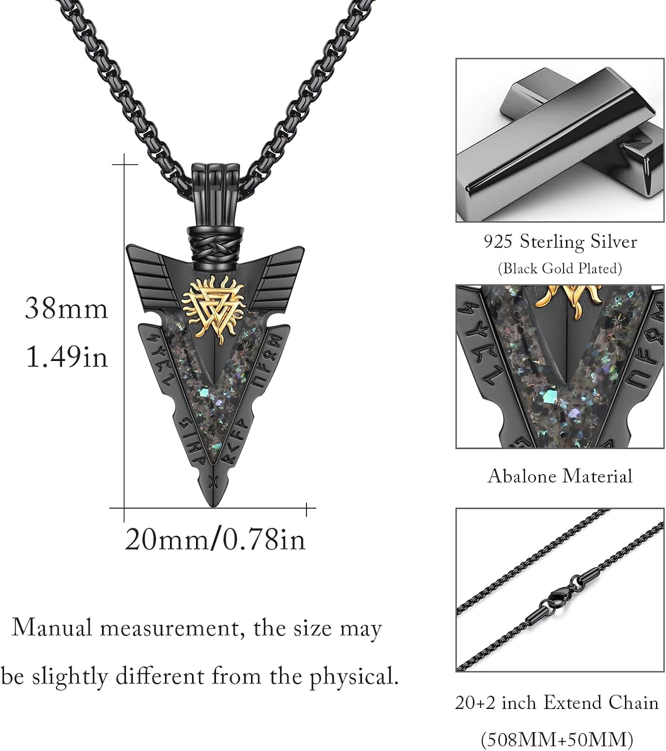 MEDWISE Viking Arrow Necklace Black for Men S925 Sterling Silver Valknut with Abalone Shell Arrowhead Necklace Pendant Norse Black Jewelry Gifts for Men Women Father Husband Friend Birthday Gifts - Image 3