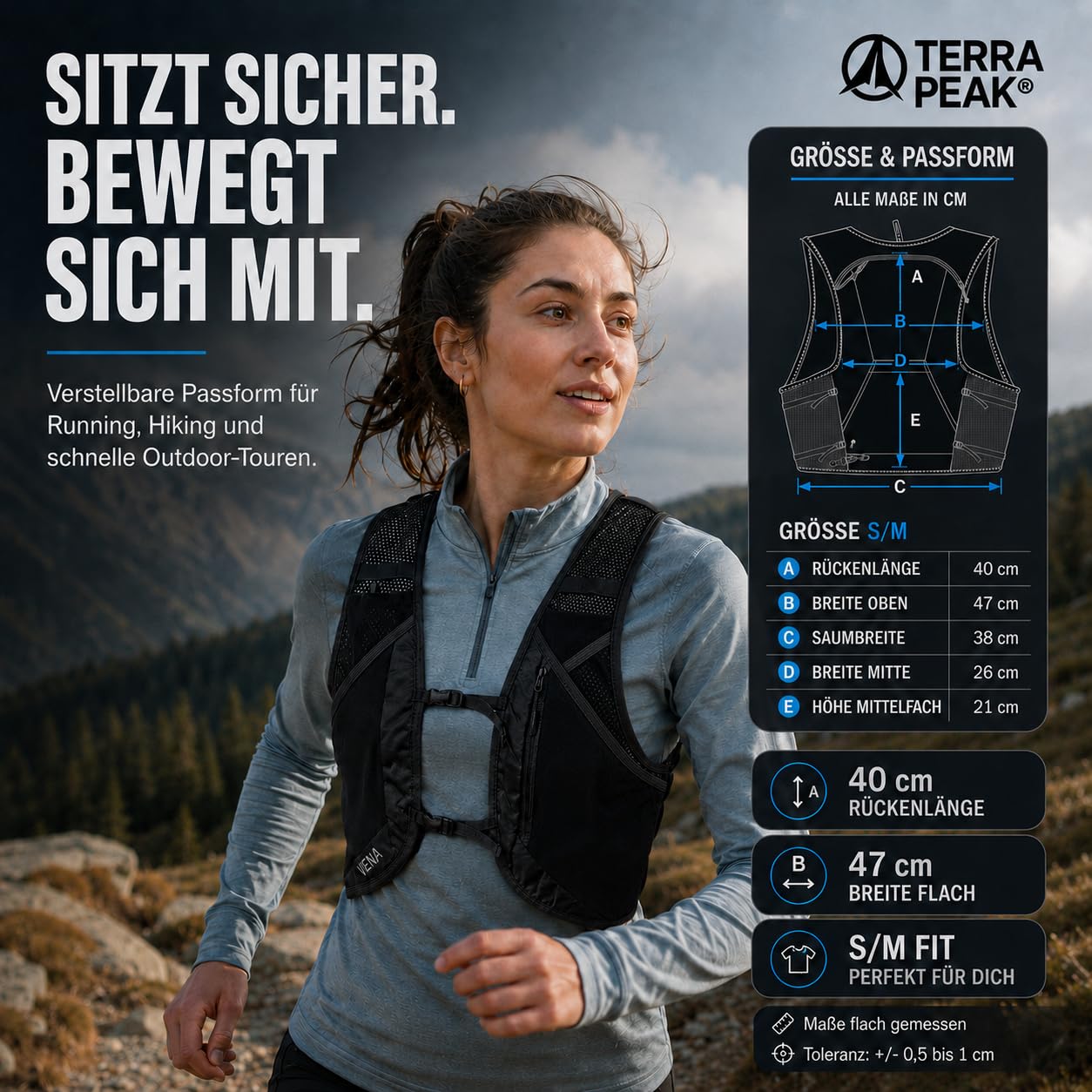 Terra Peak® VENA Laufweste 500ml Trinkflasche - Trinkweste Trinkrucksack Laufen Damen Herren S/M Schwarz Reflektierend - Trail Running Vest Hydration Pack mit Trinkblase-Fach, Stockhalter