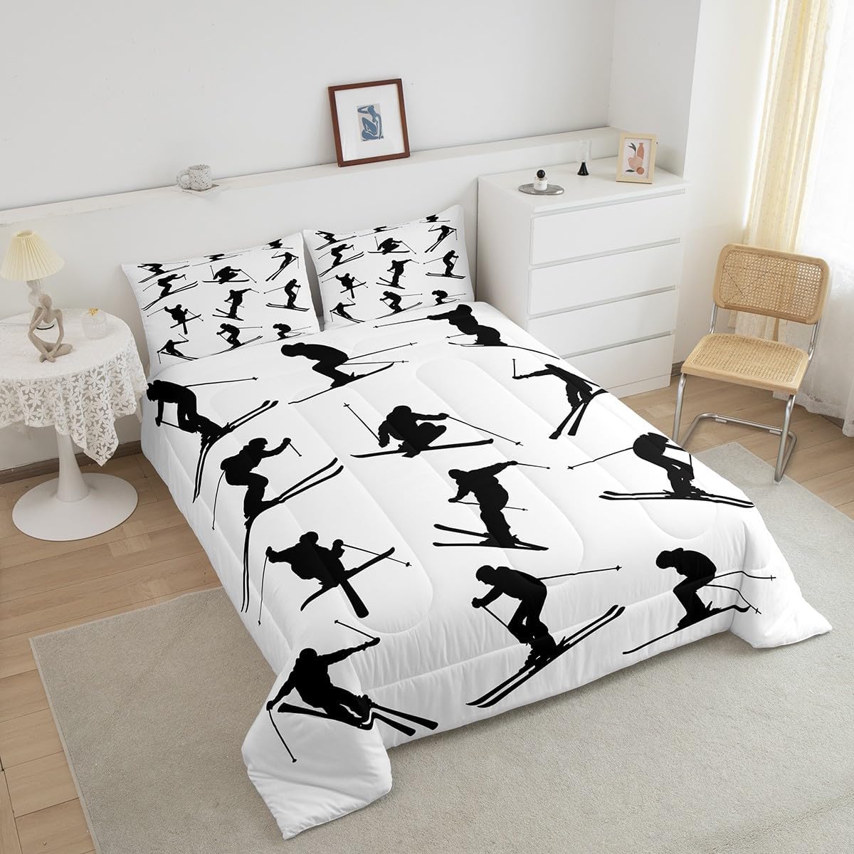 Erosebridal Ski Comforter Set Queen Size Black and White Winter Ski Themed Bedding Set for Women Men,Sports Comforter Sets for Boys Girls Bedroom Decor,Snowboard Skiing Quilt Bed Set 3Pcs