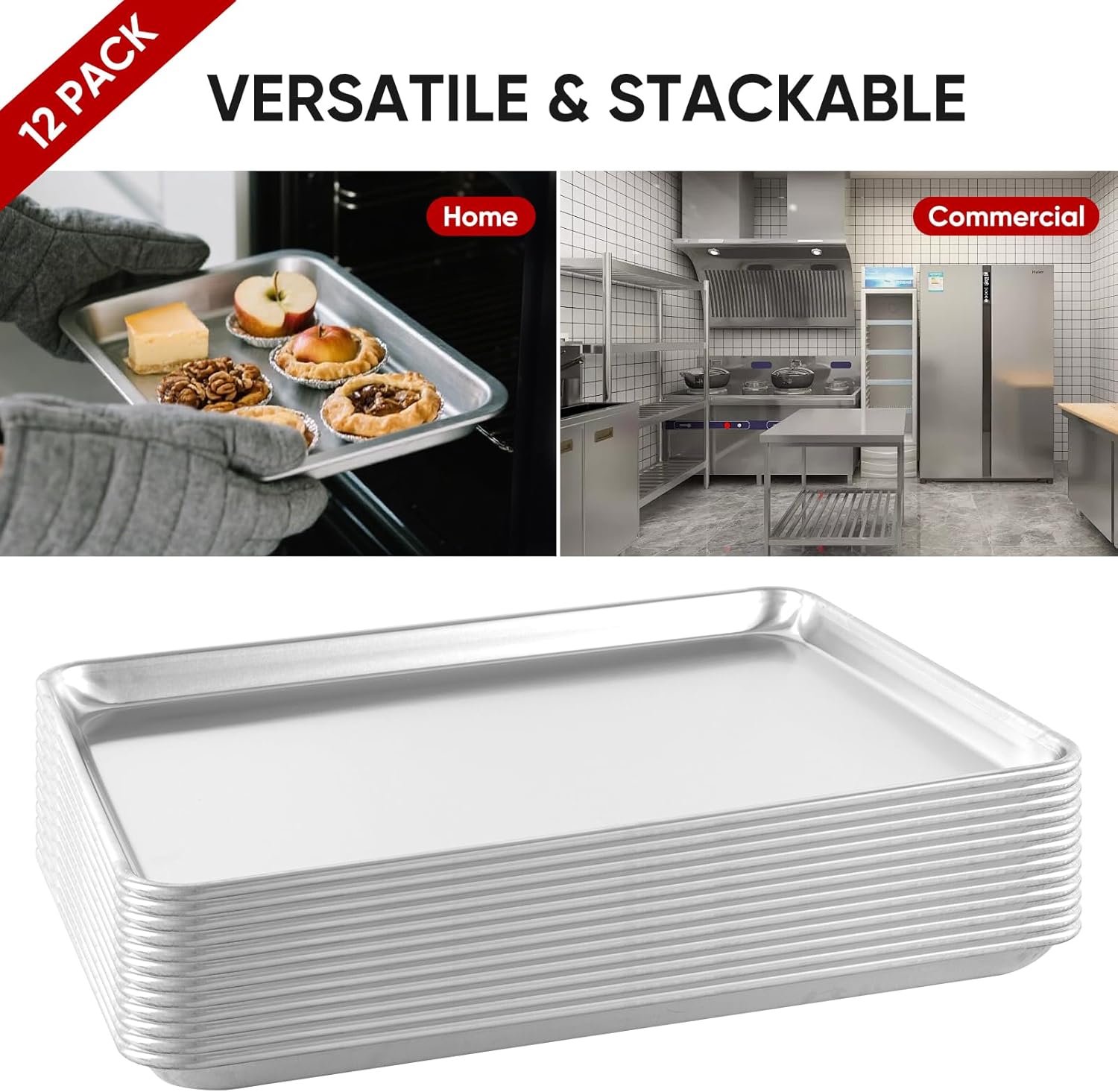 TENUP 12 Pack Aluminum Half Sheet Pan, 18" x 13" Heavy Duty Commercial Baking Tray Reinforced Rim, Warp-Resistant Rust-Free