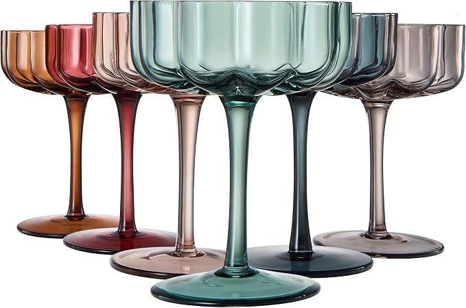 Khen Flower Vintage Wavy Glass Coupes Martini, Champagne & Cocktail Coupes - Set of 6-7oz Colorful Cocktail Glasses & Champagne, Prosecco, Mimosa Glassware Copyright Design - Muted Pastel Colors