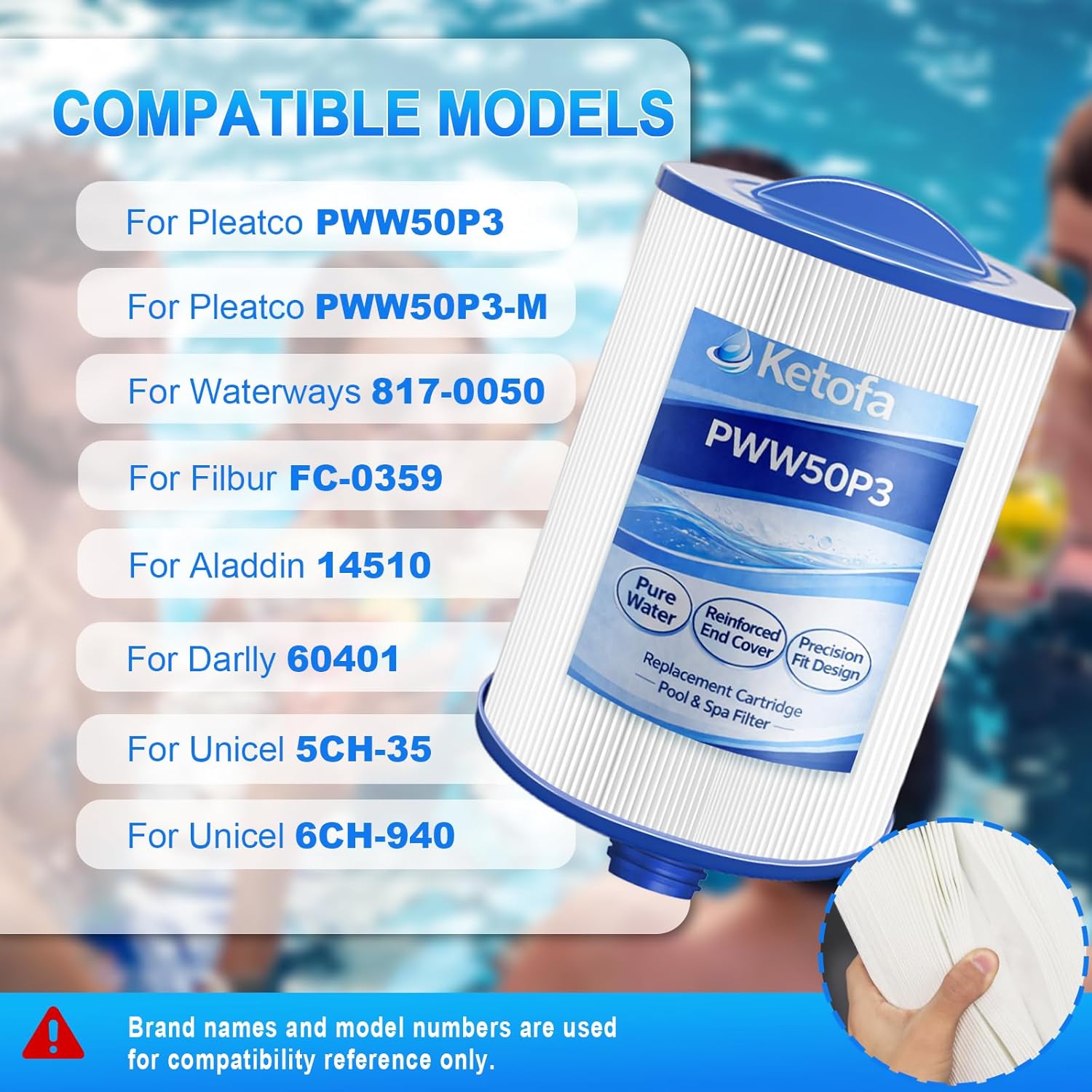 PWW50P3 Filter for Compatible with Pleatco Spa Hot Tub, PWW50P3 (1 1/2" Coarse Thread) Spa Filter Compatible with Unicel 6CH-940 Filbur FC-0359 Waterways 817-0050 Front Access Skimmer Aber Hot Tubs