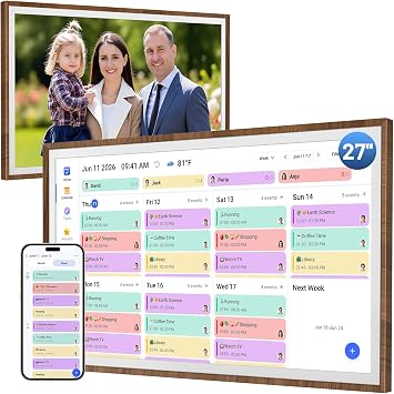 LIVINGPAI Smart Digital Wall Calendar, 27 Inch Full HD Touchscreen Family Planner, Chore Chart & Meal Planner, WiFi Shared Calendar Display, Google iCloud Outlook Sync, Wood Frame