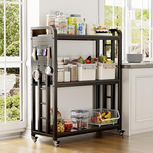 SIREDEEP Bakers Rack with Power Outlet, Free Standing Kitchen Storage Shelf Rack, 3 Tier Kitchen Microwave Cart,3 Tier Heavy Duty black Metal Rolling Cart with Lockable Wheels(Black, 15.75x31.5x47)