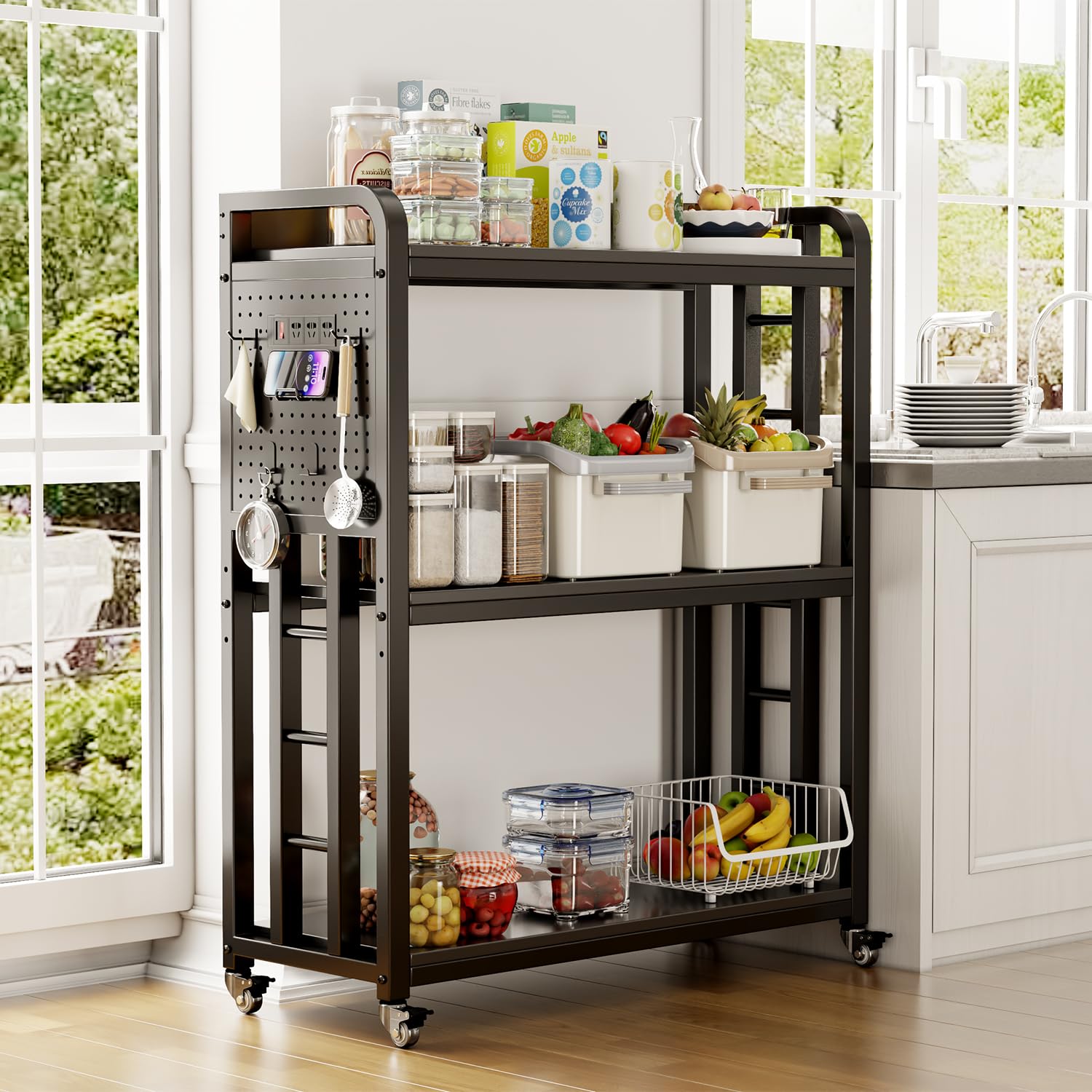 Bakers Rack with Power Outlet Free Standing Kitchen Storage Shelf Rack 3 Tier Kitchen Microwave Cart 3 Tier