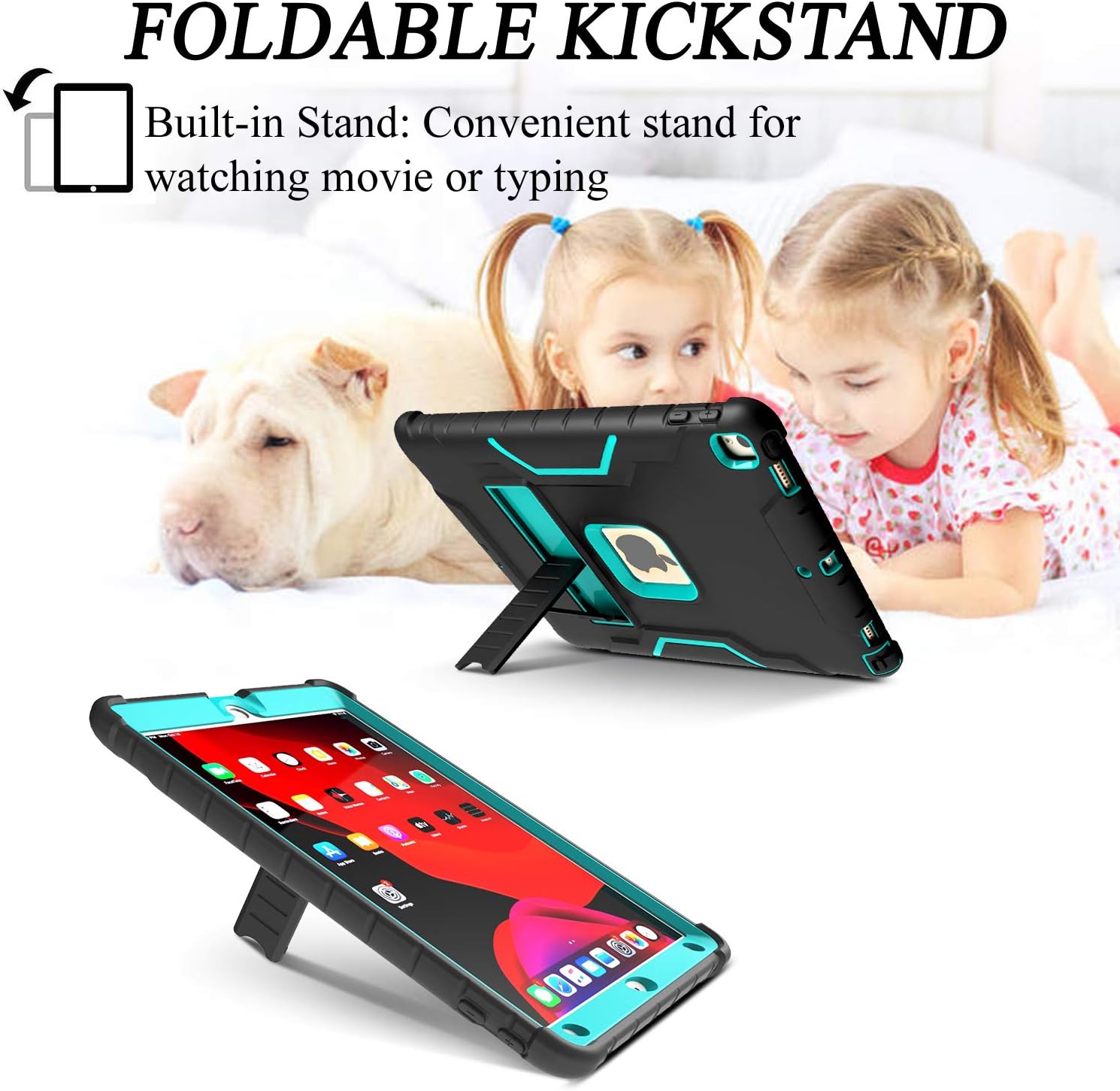 LEDNICEKER New iPad 10.2 2019 Case with Built-in Screen Protector, iPad 7th Generation Shockproof Case, Heavy Duty Full Body Rugged Protective Case for iPad 10.2 2019, Black with Turquoise Frame