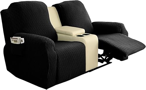 Miniatura 8 de Funda de sofá reclinable elástica para sofá reclinable de 2 asientos, protector de muebles de jacquard grueso con bolsillos (negro)