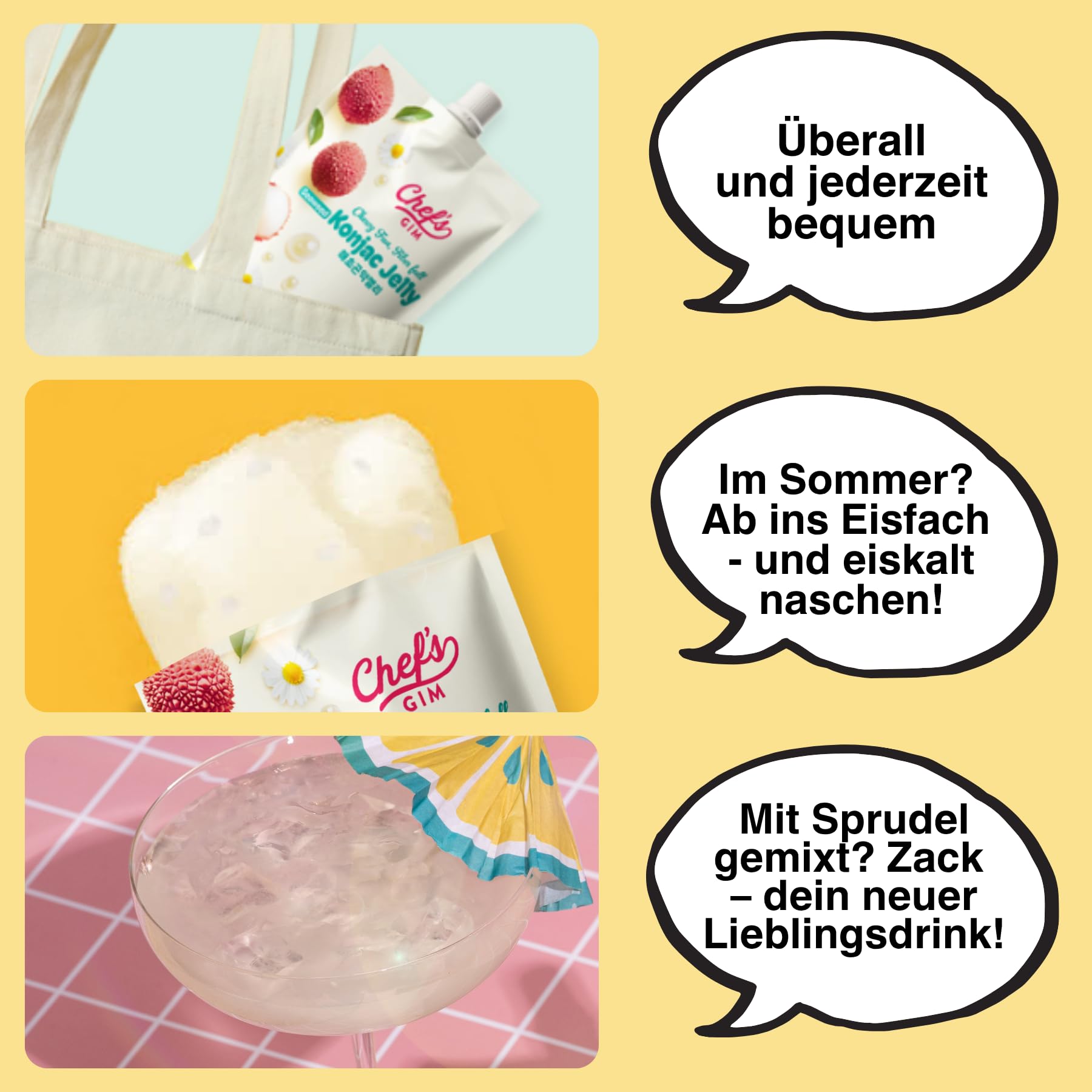 Chef’s Gim Konjak-Getränkegelee | 10er Set à 150g | Vegan, Kalorienarm, zuckerfrei & ballaststoffreich | 3 Sorten: Pfirsich-Schwarztee, Kamille-Litschi, Lavendel-Apfel-Mango (Kamille-Litschi)