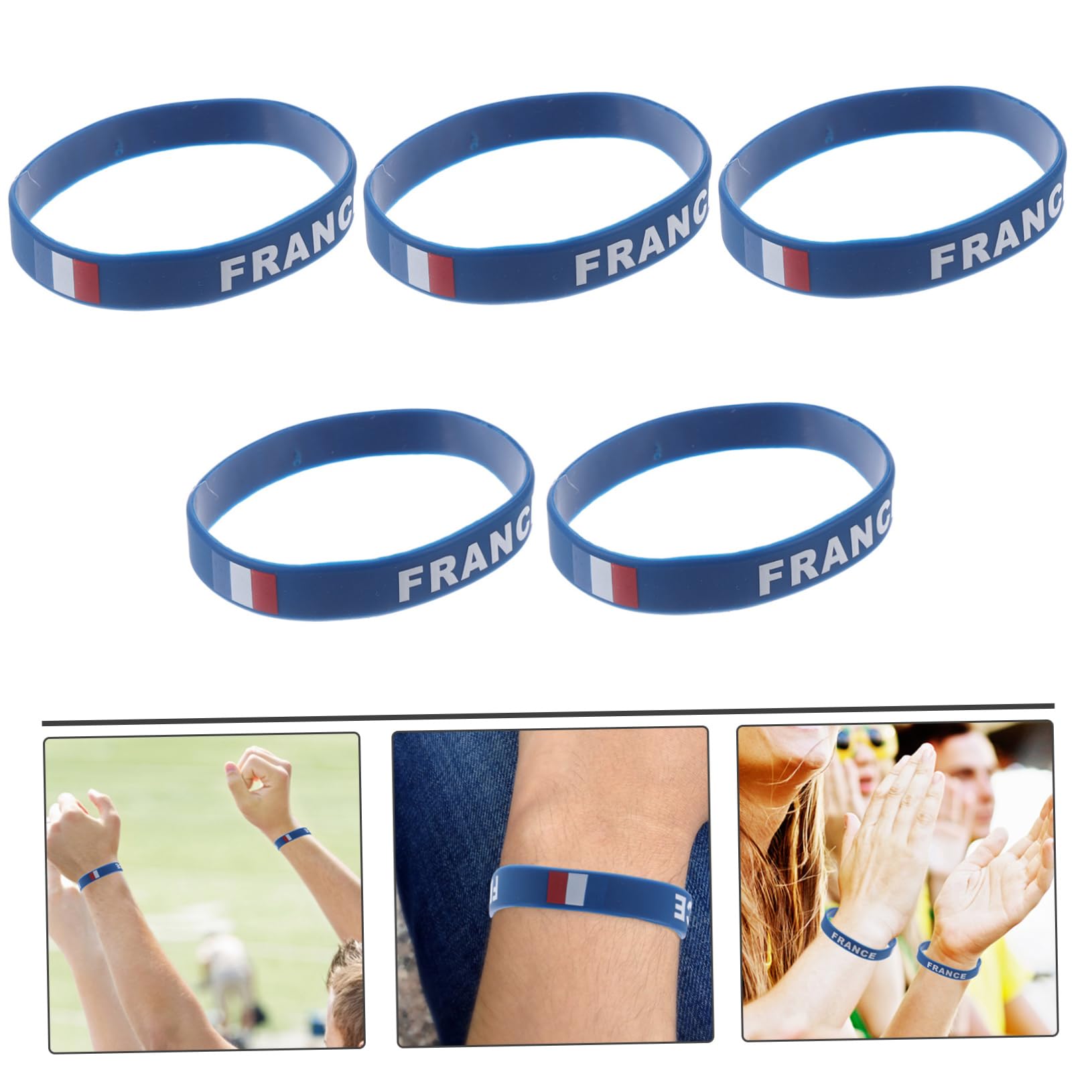 Lot de 5 bracelets en silicone avec drapeau national imprimé pour homme et femme - Drapeau de la France - Ajustement confortable