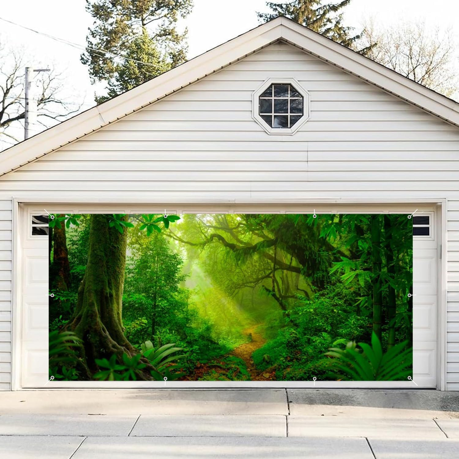 Large Green Forest Garage Door Banner Decorations 7 x 16 ft Green Woodland Tropical Rainforest Jungle Garage Door Cover Backdrop Camping Birthday Party Baby Shower Outdoor Banner Garage Door Supplies