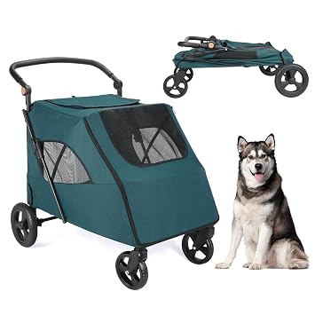 Large Dog Travel Stroller with 4 Heavy Duty Wheels Pet Stroller with Adjustable Handle - Double Doggie Capacity Jogger Wagon with Back Front Door for Small Medium Large Dogs Dark Green-C